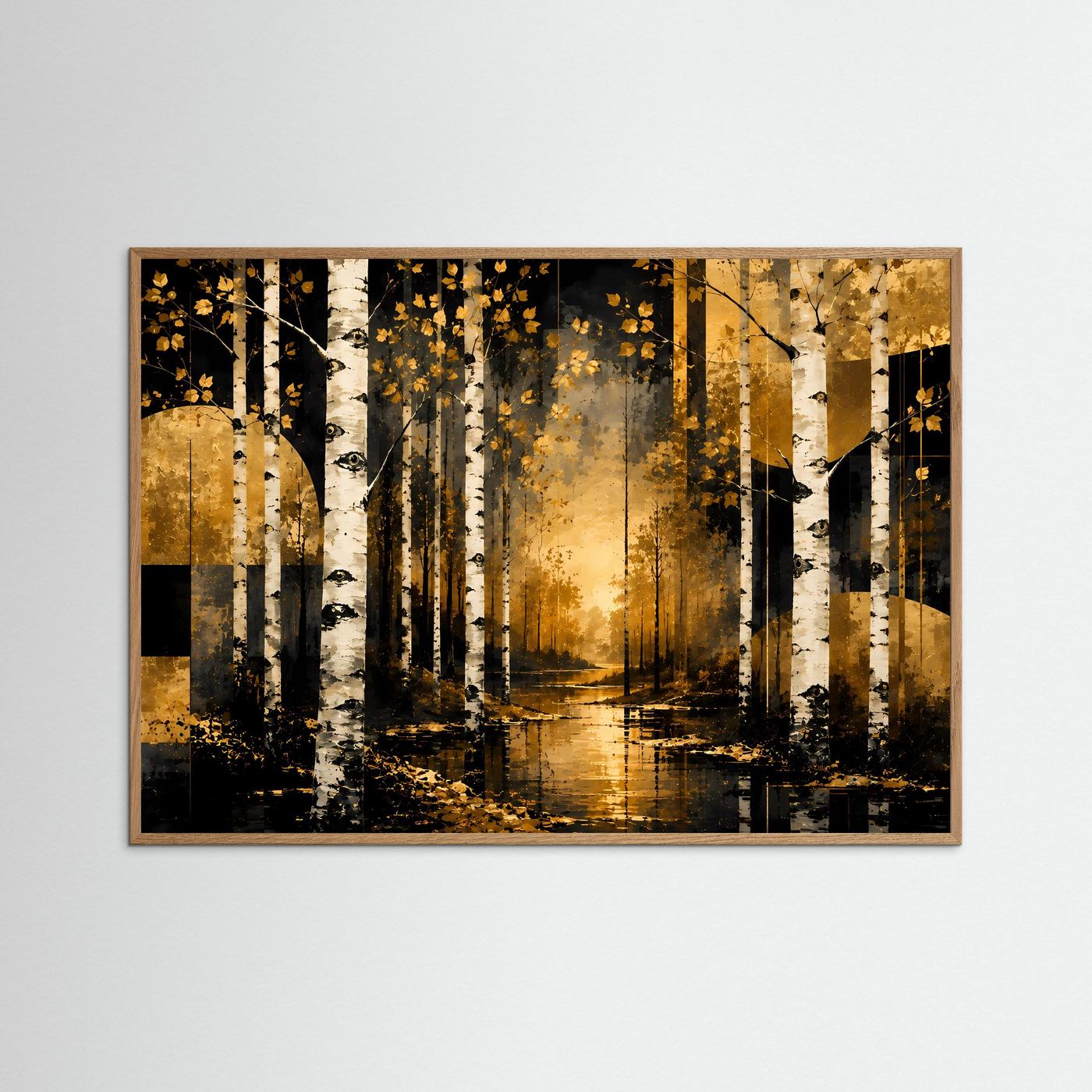 Goldener Birkenwald im Abendlicht | Abstrakte Waldlandschaft mit weißen Birken in Schwarz, Gold & Creme | Elegantes Natur Wandbild im Querformat mit moderner geometrischer Kunst