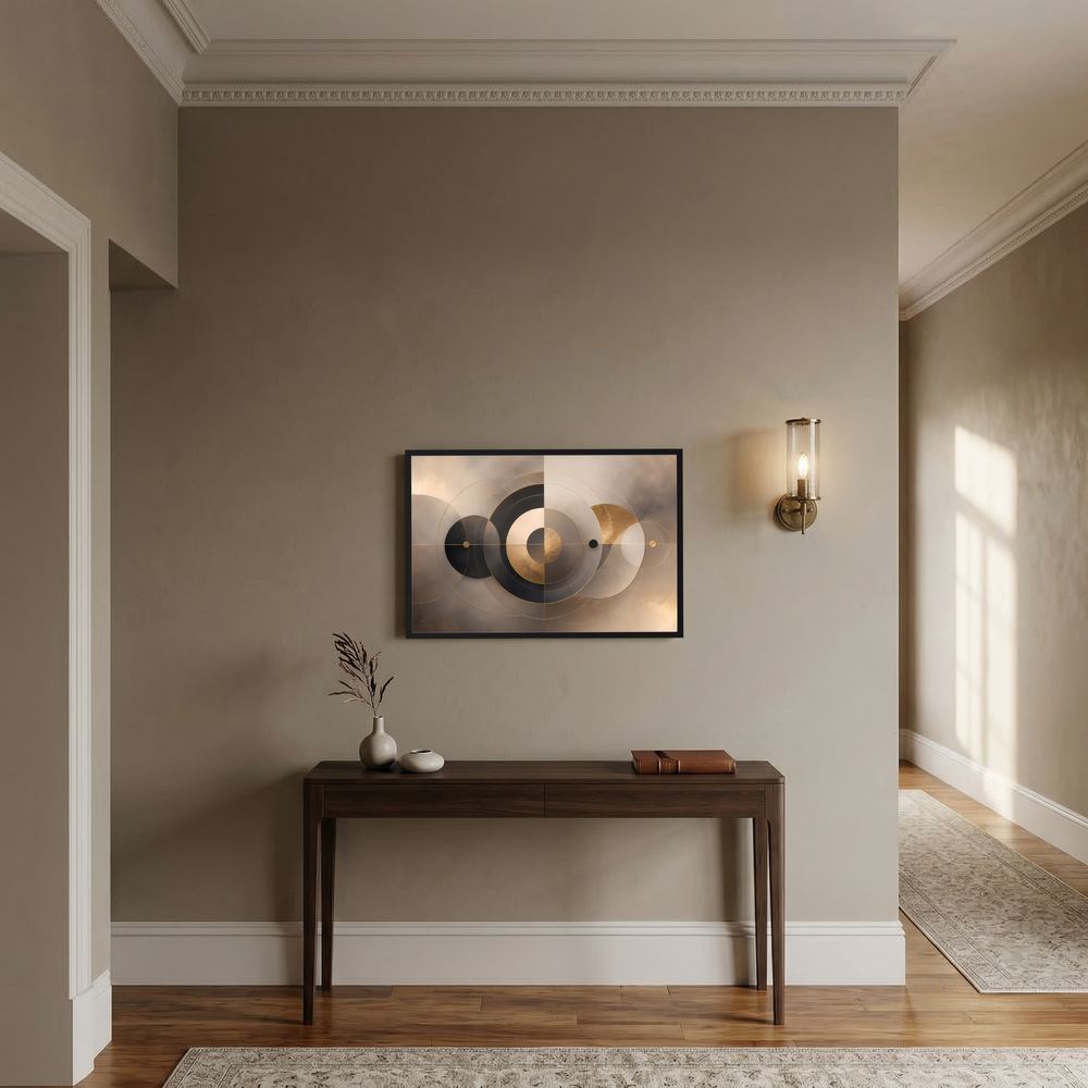 Gerahmtes Poster mit abstrakten Kreisen in Beige und Gold im Querformat, dunkler Rahmen