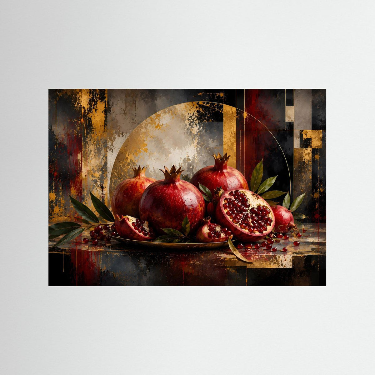 Gerahmtes Poster im Querformat mit Granatäpfeln, roter Frucht und angeschnittenen Kernen