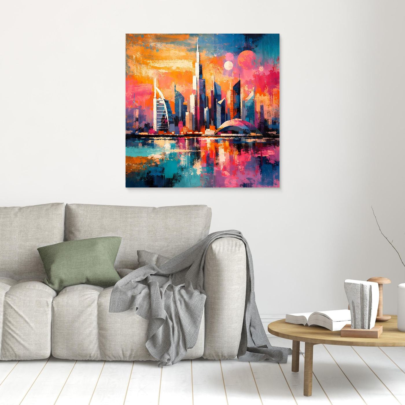 Abstraktes Wandbild mit Dubai-Skyline bei Nacht in bunten Farben, klein im Raum