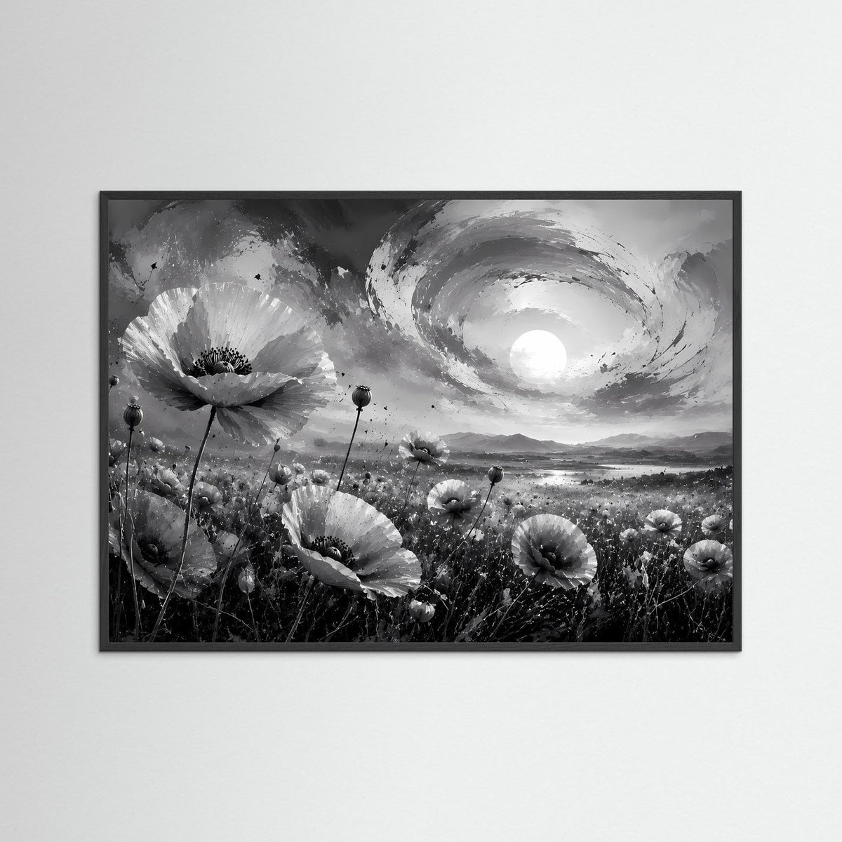 Schwarzweiß-Poster mit Mohnblumen und Vollmond im Wirbelwolkenhimmel, schwarzer Rahmen
