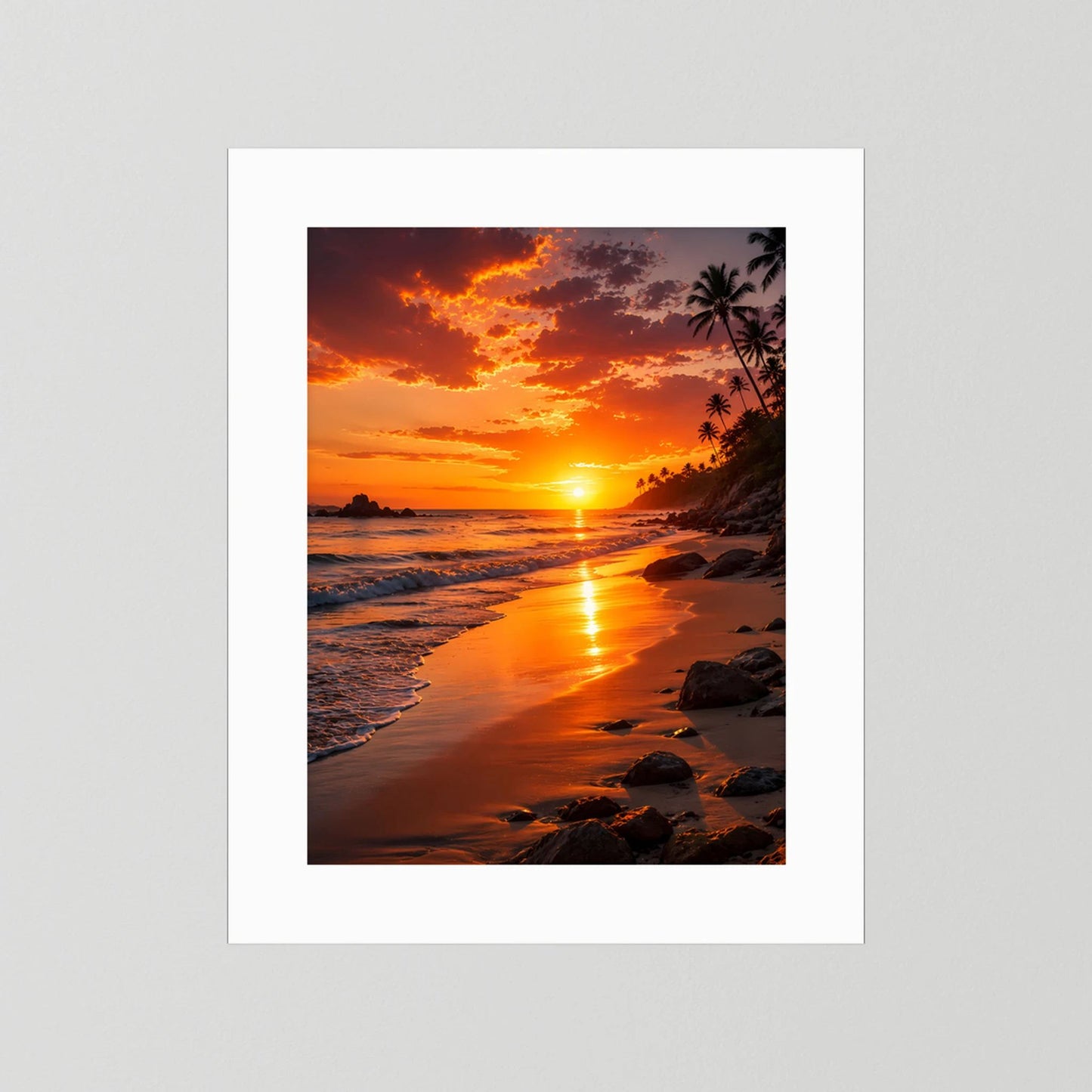Hochformatiges Poster mit Strand bei Sonnenuntergang und Palmen, weißes Passepartout