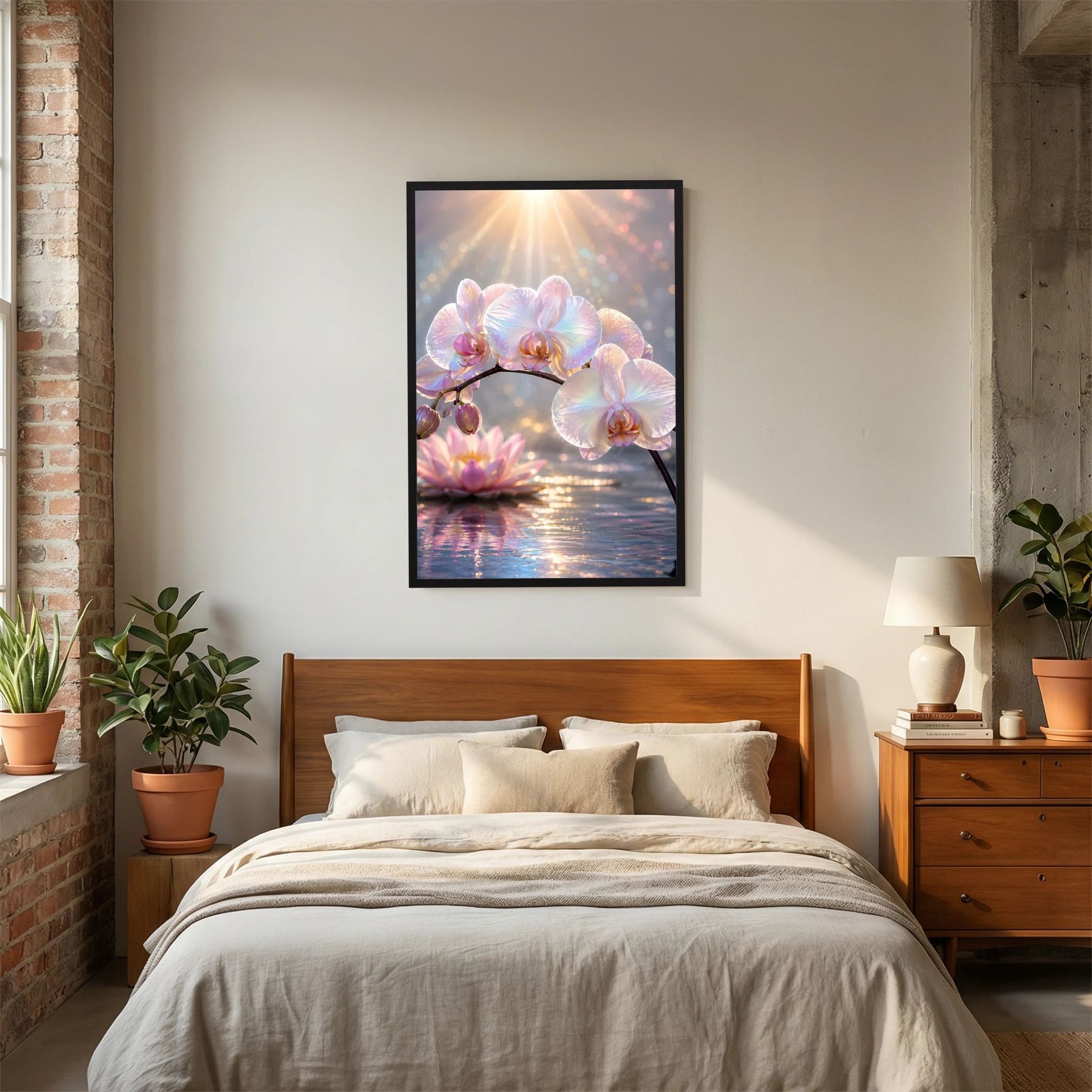 Blumenposter mit Orchideen und Lotusblüte, schwarzer Rahmen über dem Bett