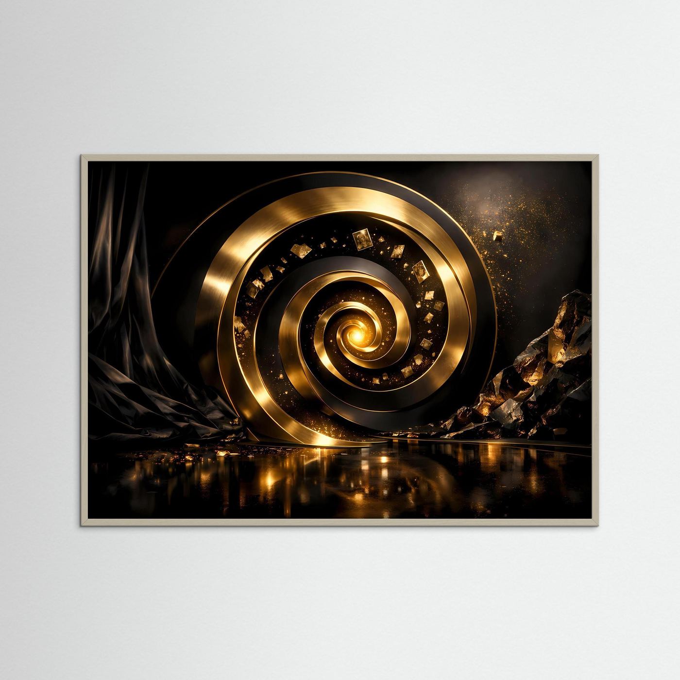 Goldenes Wandbild mit 3D-Spirale, heller Holzrahmen