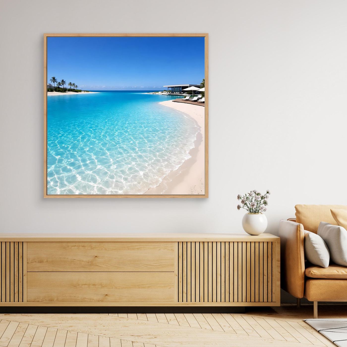 Leinwandbild Tropische Lagune mit goldfarbenem Rahmen: türkisblaues Wasser am Strand