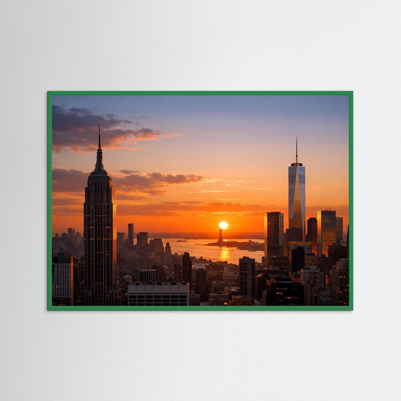 Stadtposter im Querformat mit grünem Rahmen und Skyline bei Sonnenuntergang