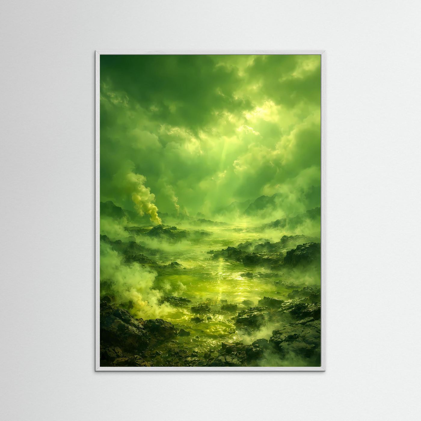 Hochformatiges Naturposter mit hellem Holzrahmen in Weißton, Smaragdgrünem Wolkenhimmel