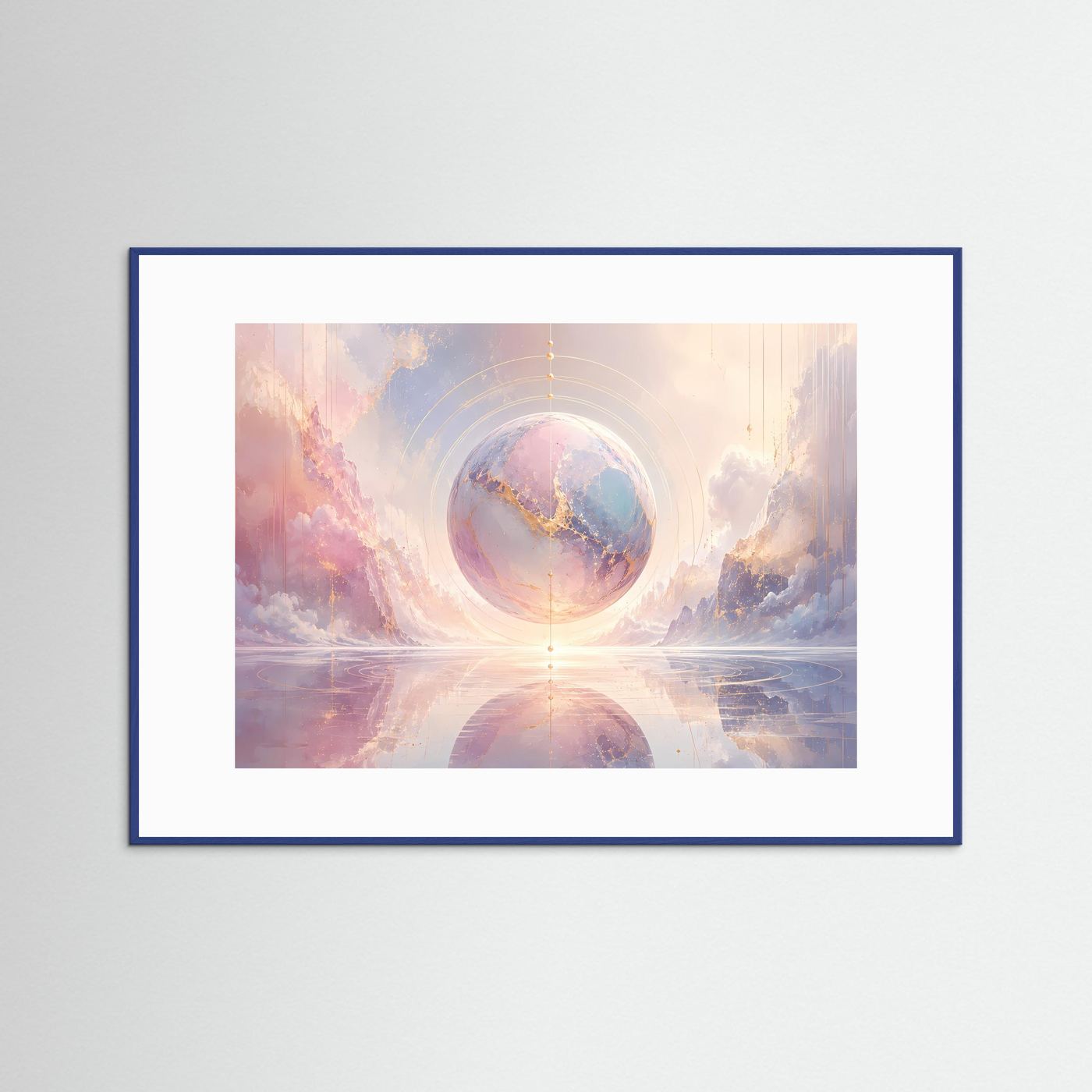 Abstrakte Sphäre Poster | Pastell Kosmos Wandbild mit Goldakzenten | Moderne Surreale Himmelskunst Querformat