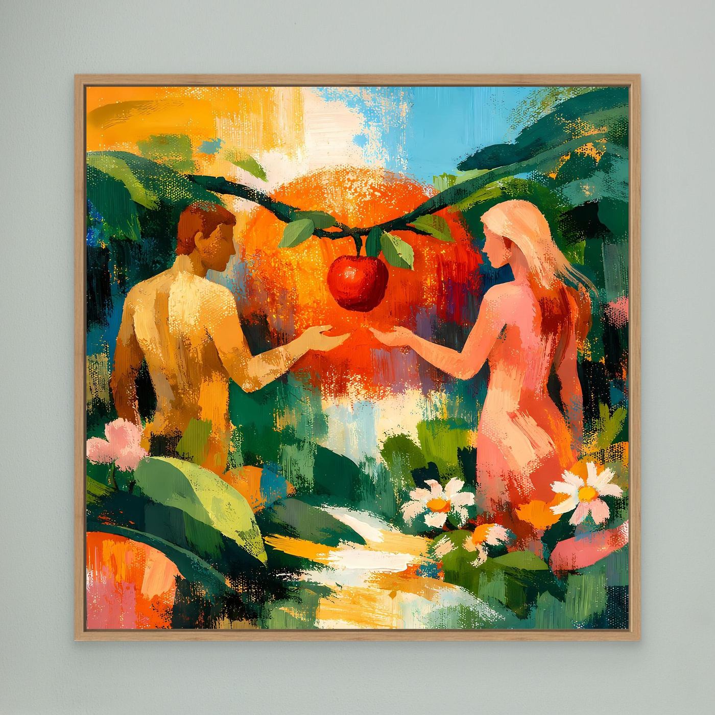 Abstract garden Eden wall canvas with oak frame, two nude figures holding red fruit