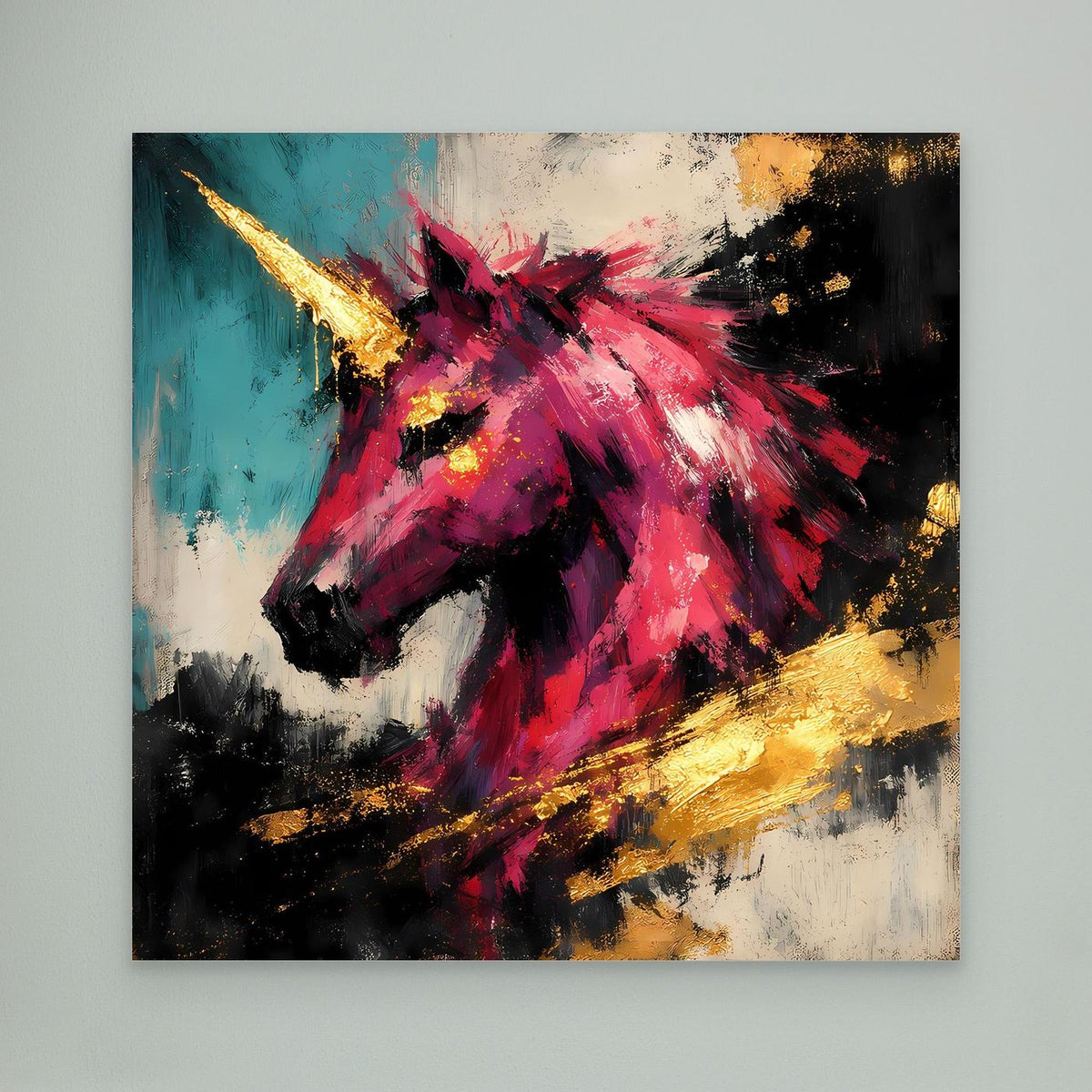 Leinwand-Einhornbild, abstraktes pinkes Einhorn mit goldenen Akzenten, türkis-schwarz, weiß gerahmt