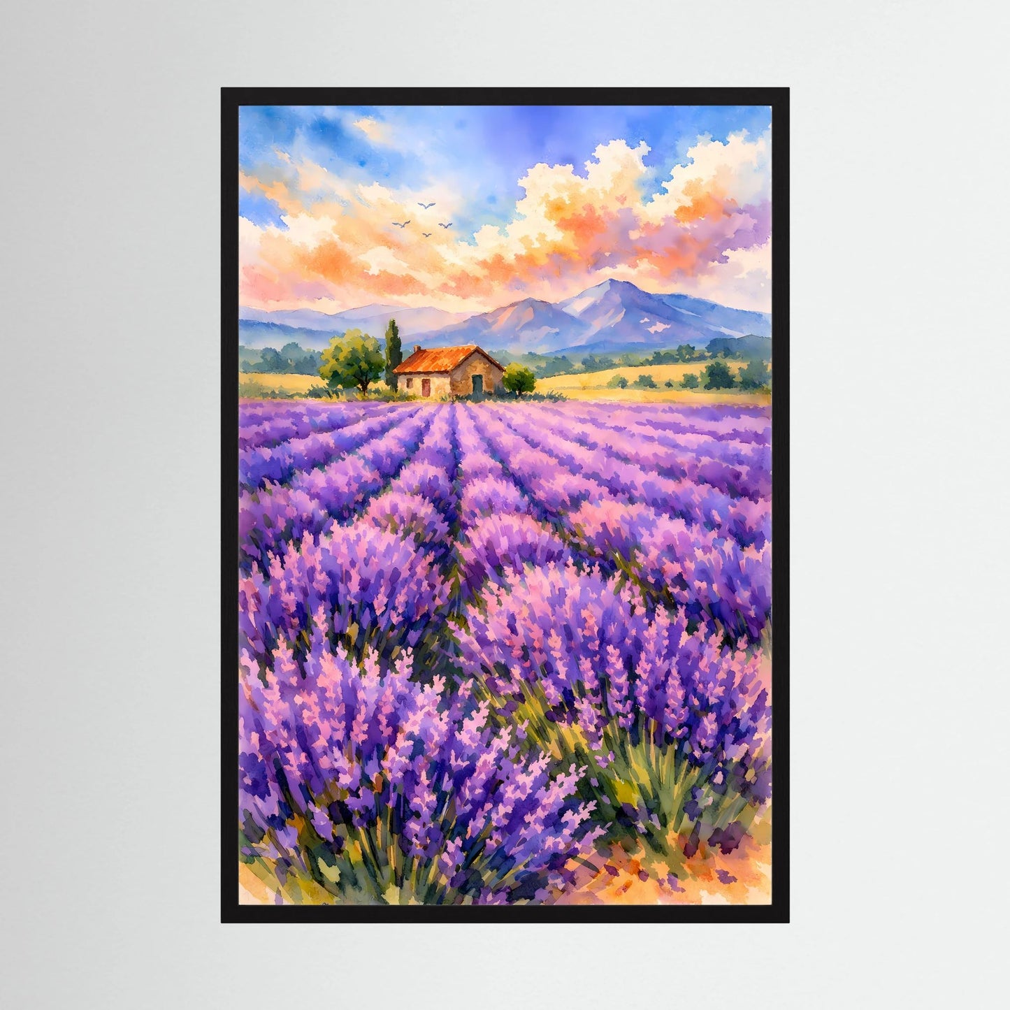 Poster im Hochformat mit schwarzem Rahmen, Lavendelfeld und Bauernhaus in lila Farben
