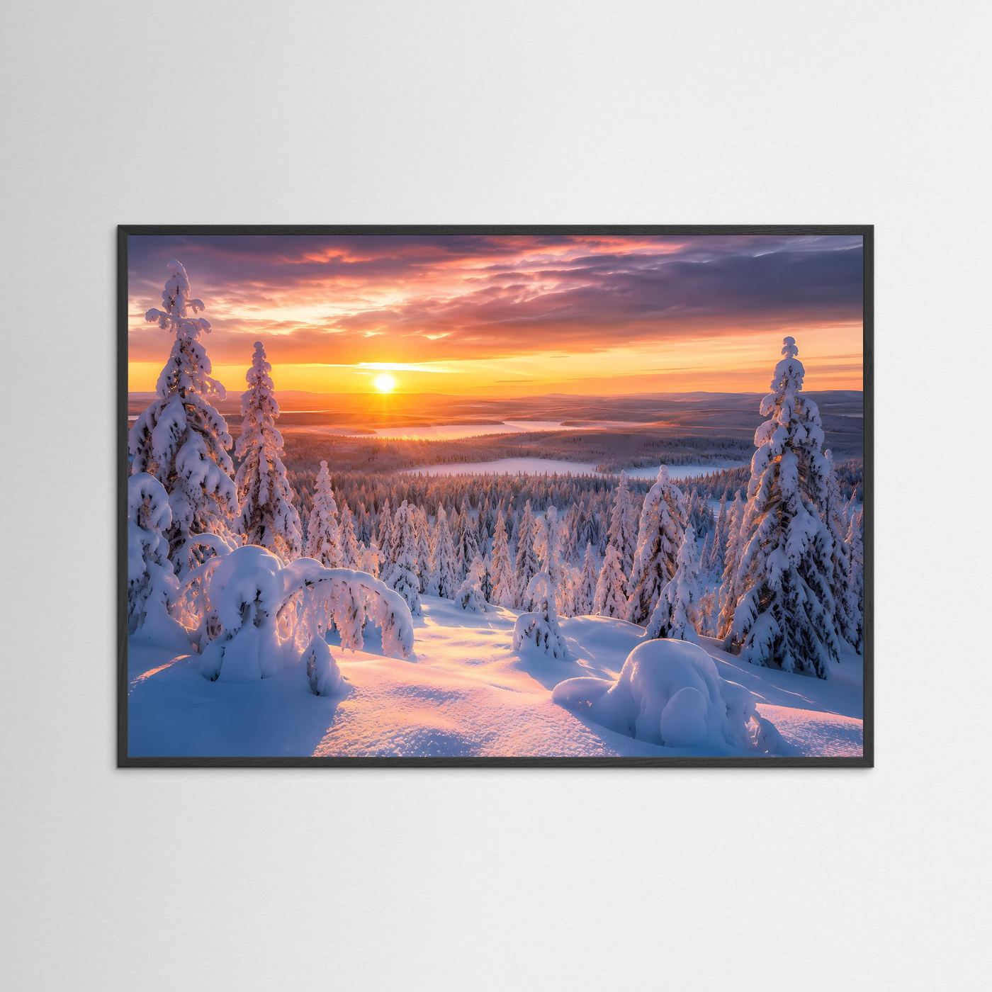 Winterzauber im Sonnenuntergang | Verschneite Winterlandschaft Poster Querformat