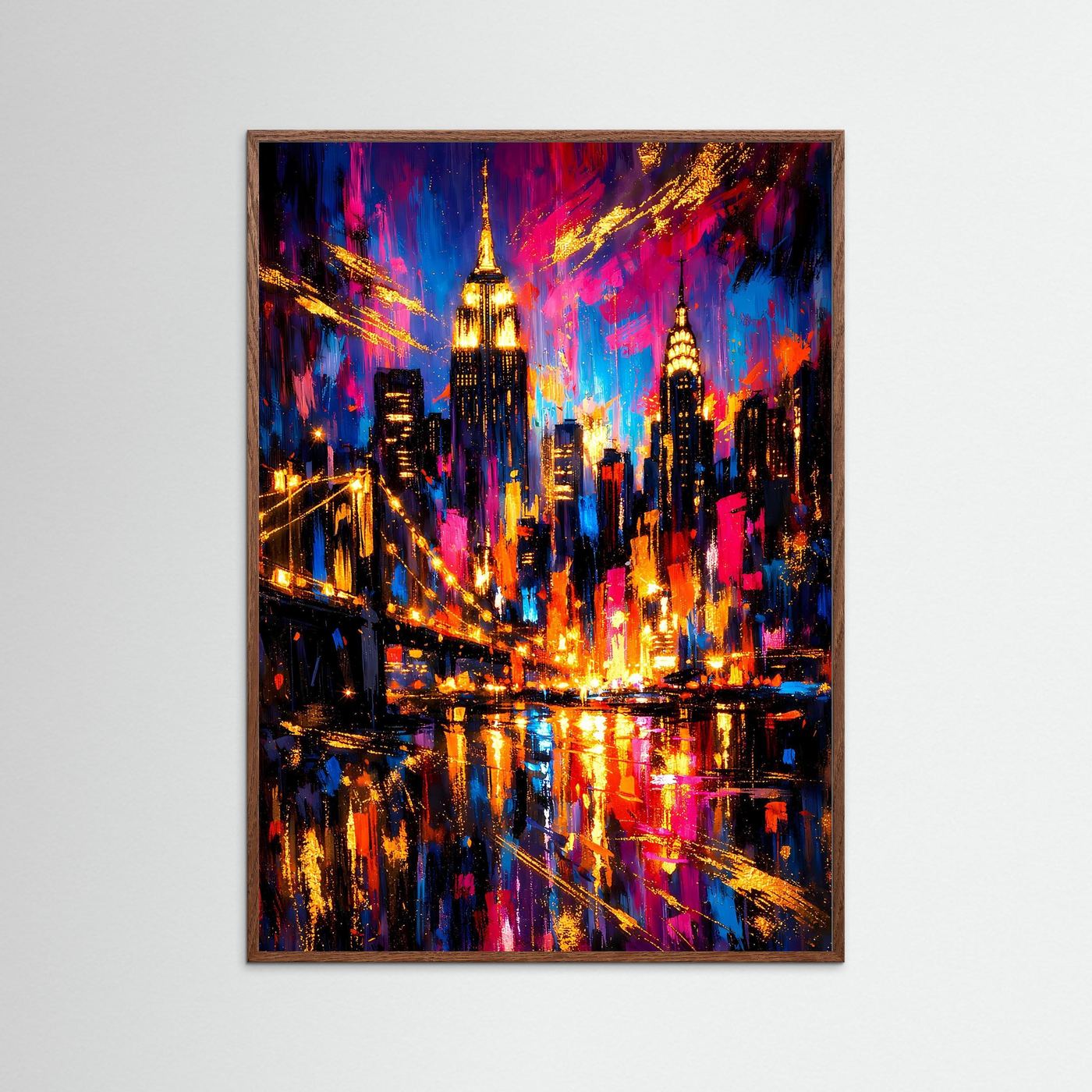 Gerahmtes Hochformat-Poster im hellbraunen Holzrahmen: Neon-City-Skyline mit goldenen Lichtern
