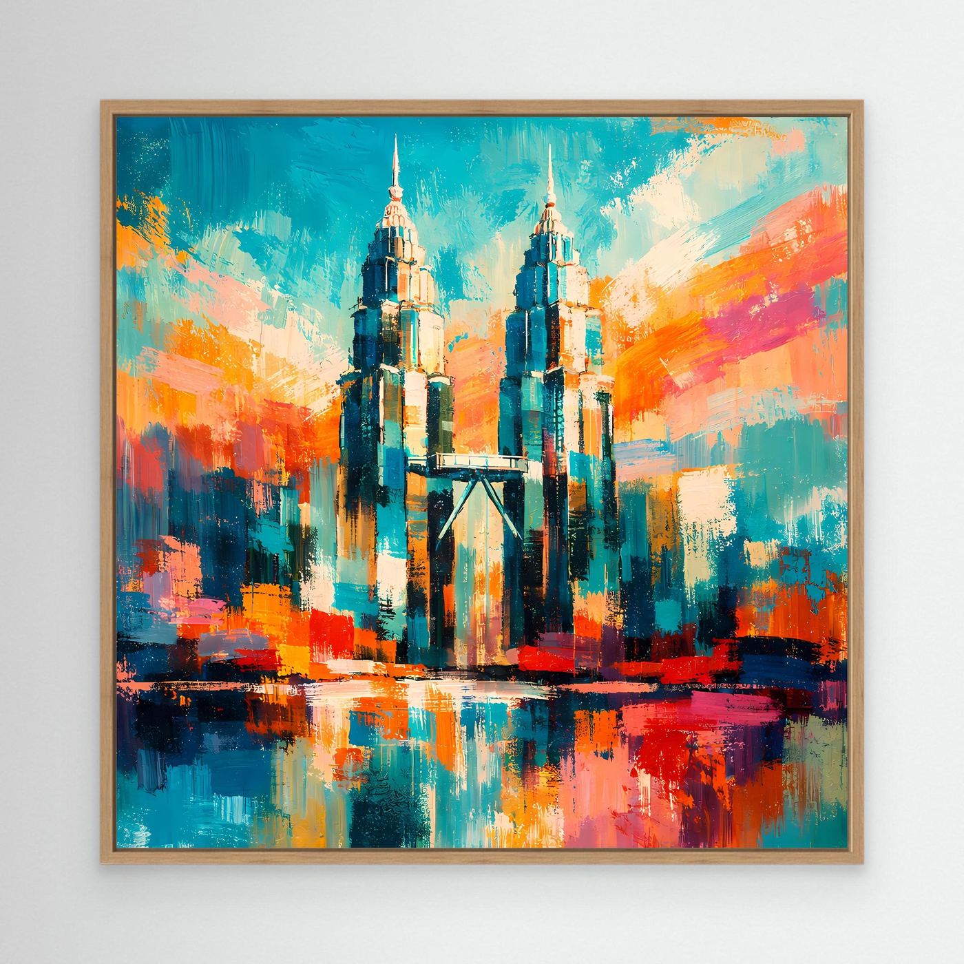 Abstraktes Leinwand-Wandbild mit Eichenholzrahmen: Petronas-Türme in Blau/Orange