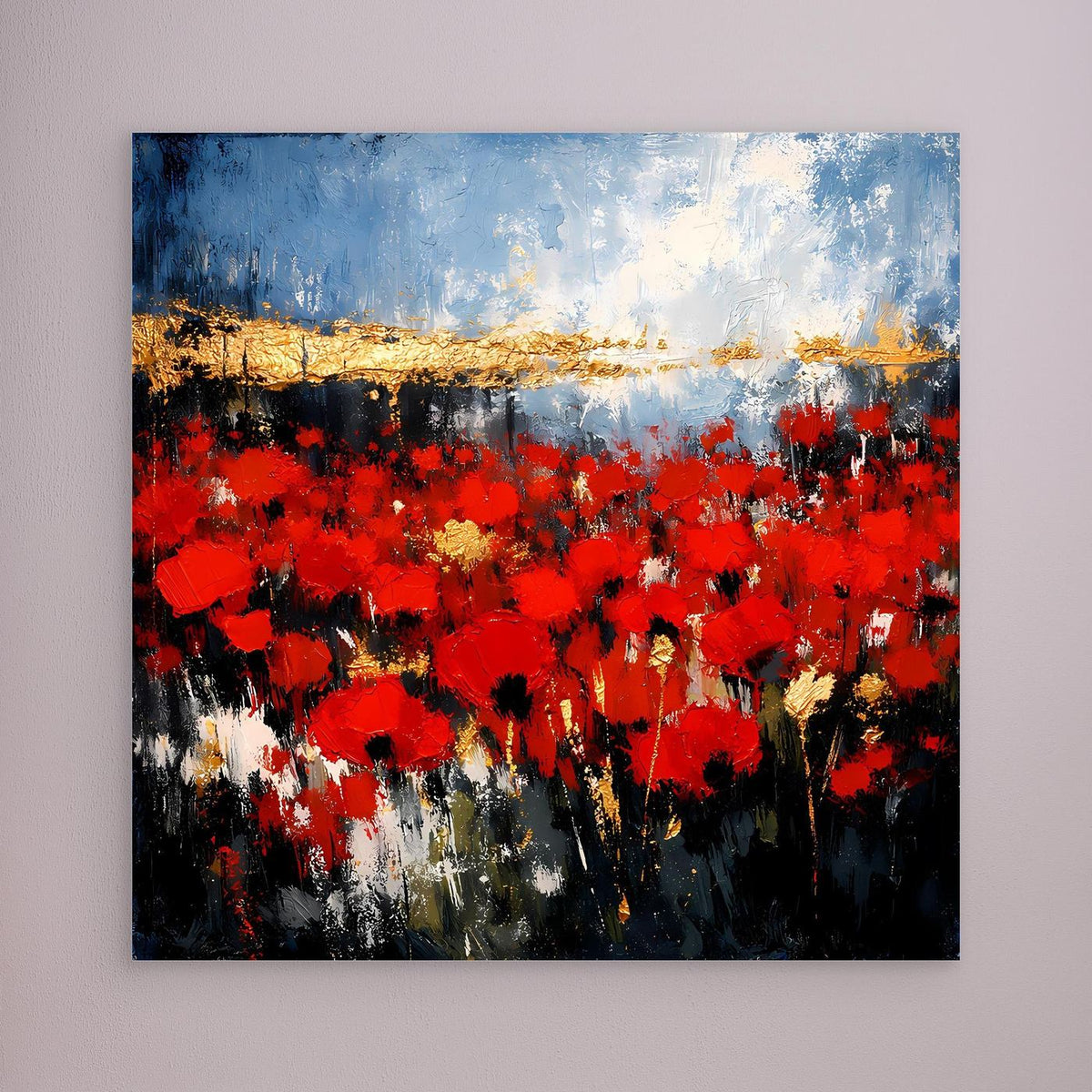 Abstraktes Wandbild mit Rot-Blumenfeld, Blauhimmel und Goldstreifen, ohne Rahmen