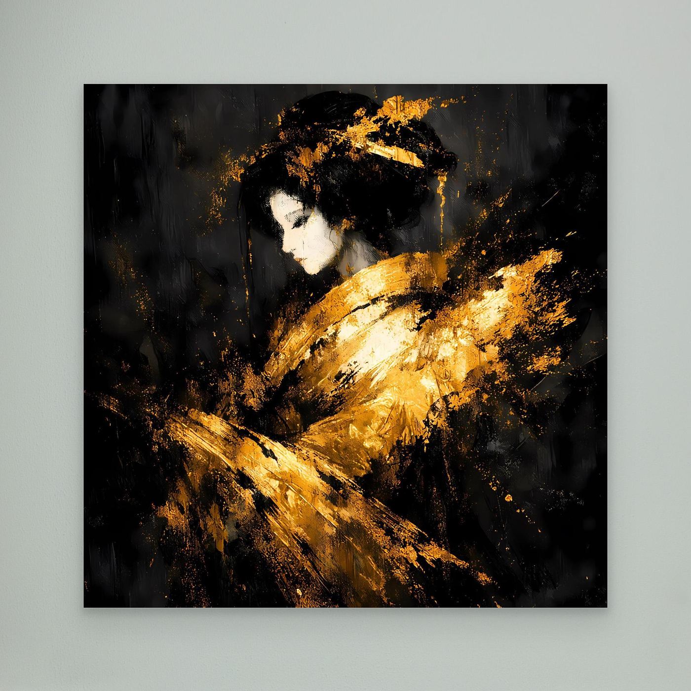 Leinwand Elegante Goldene Geisha | Abstraktes Asiatisches Wandbild