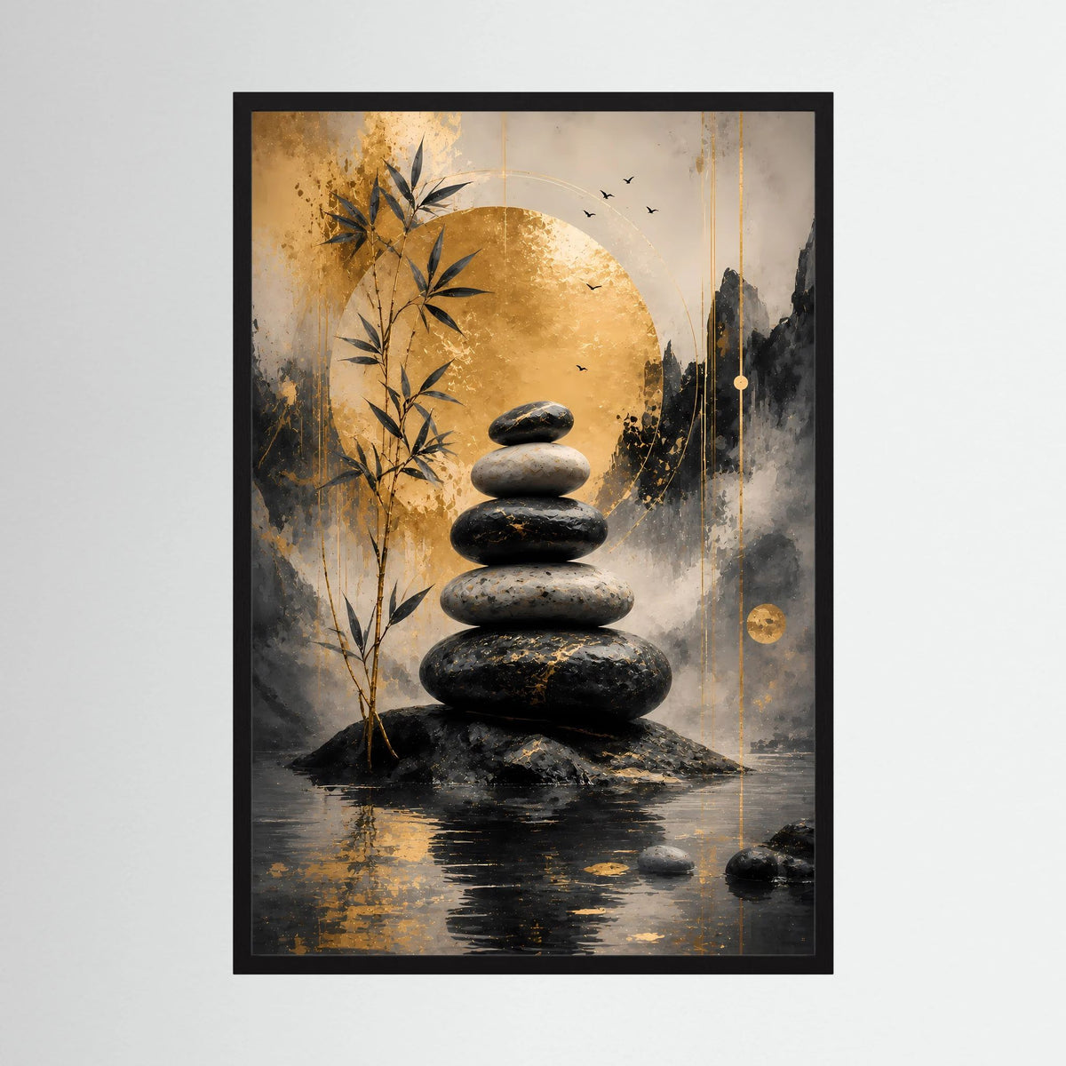 Hochformat-Poster mit Stapel dunkler Steine und Bambus im abstrakten Schwarz-Gold-Look