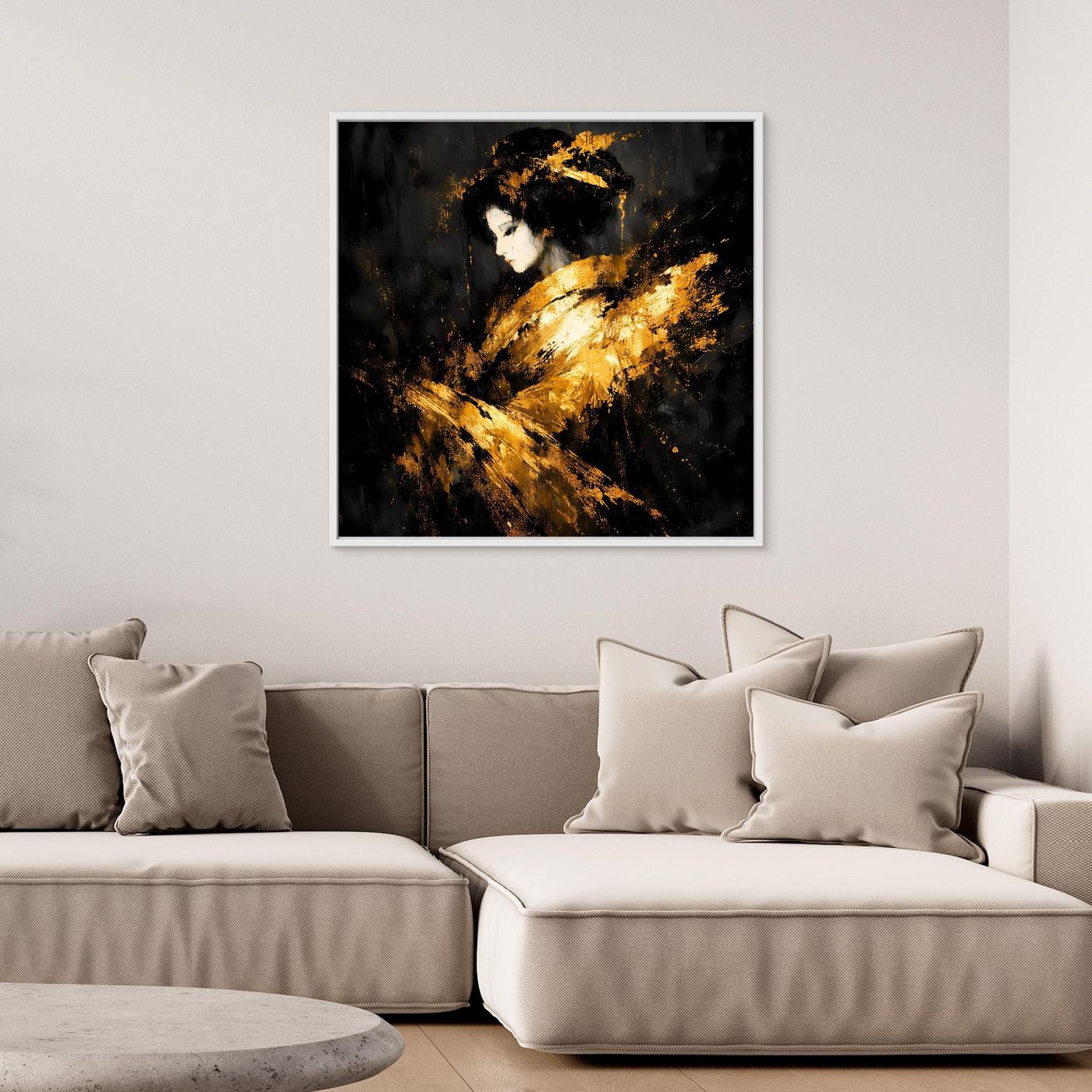 Leinwand Elegante Goldene Geisha | Abstraktes Asiatisches Wandbild