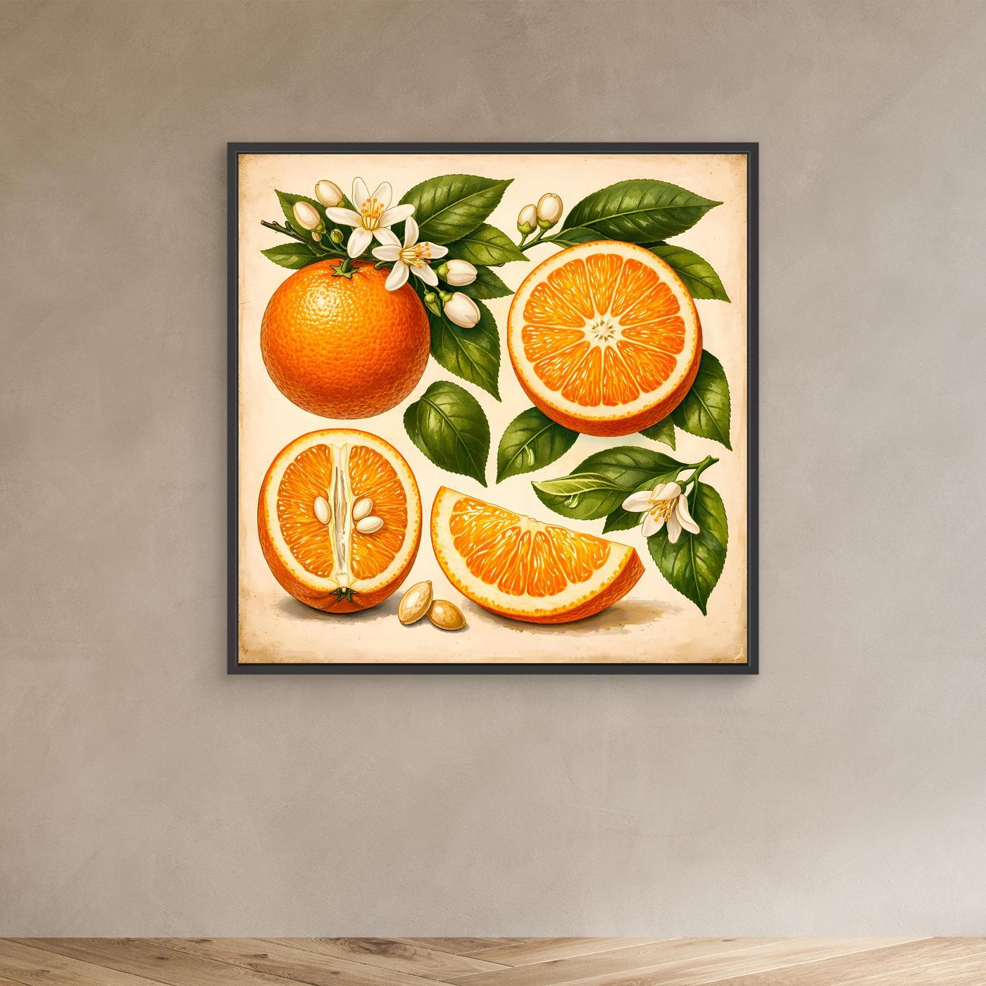 Gerahmtes Leinwandbild mit Orangen, Blättern und weißen Blüten, schwarzer Rahmen