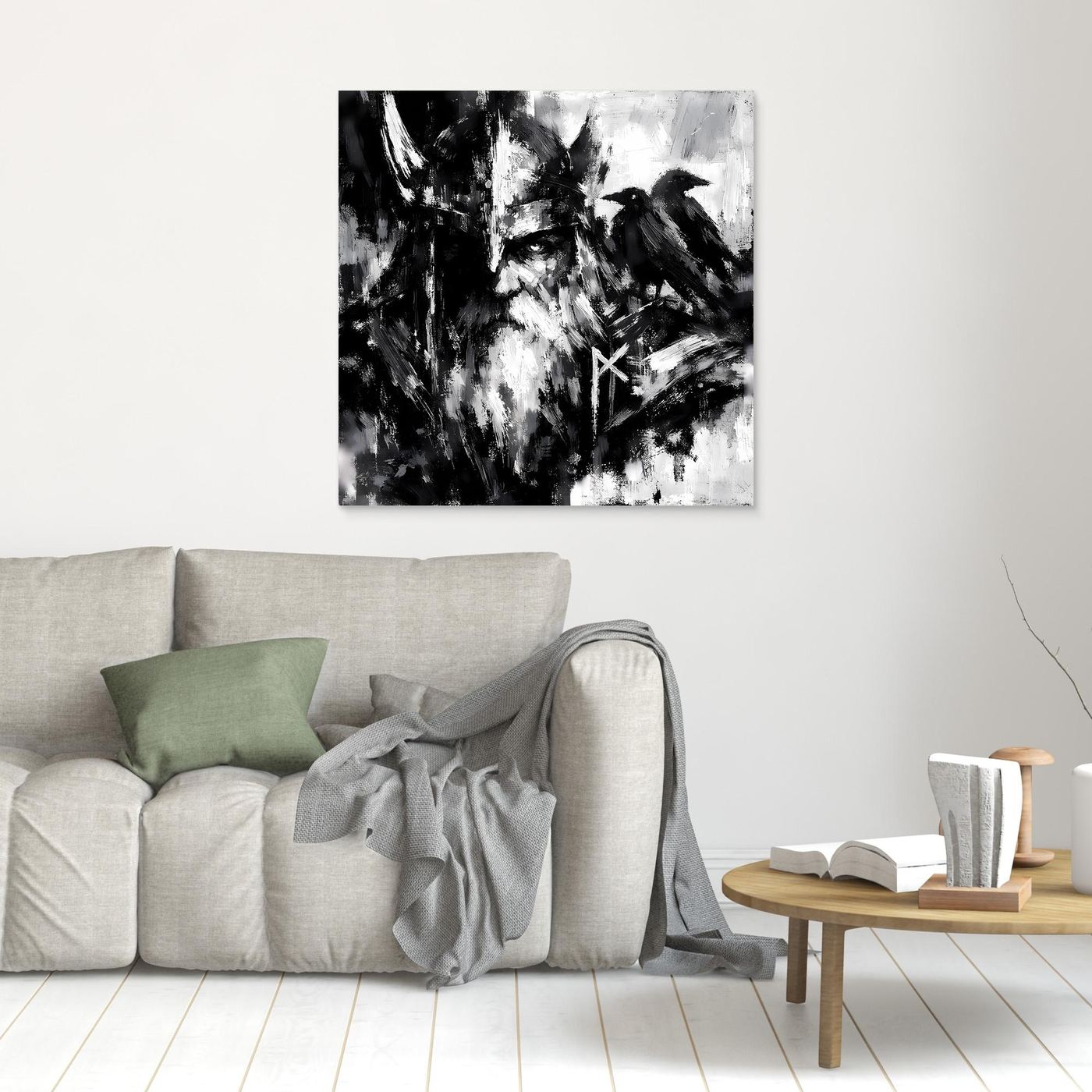 Kleines Leinwand-Wandbild mit Odin-Porträt, Rabe und Runensymbol in Schwarzweiß, weiß gerahmt.