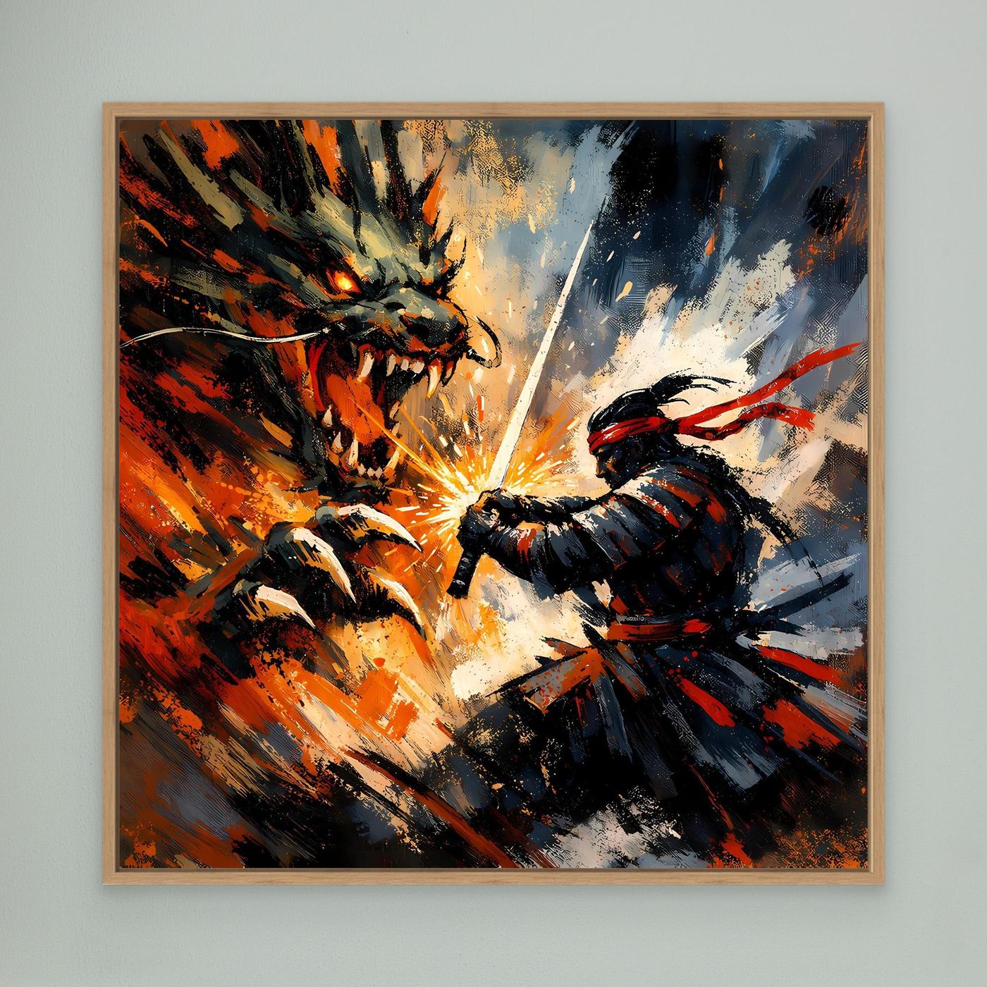 Premium Leinwand Samurai gegen Drache | Abstraktes Fantasy Wandbild Voller Dynamik & Kampfgeist