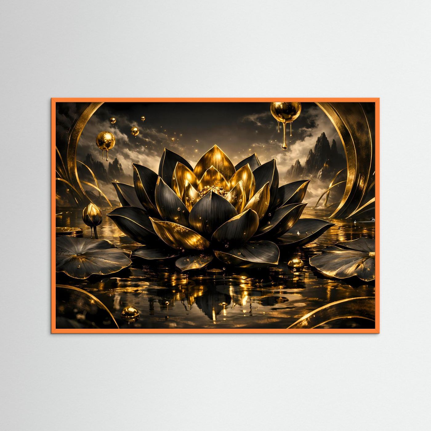 Wandbild: goldene Lotusblüte auf dunklem Wasser, Spiegelungen, orangefarbener Rahmen