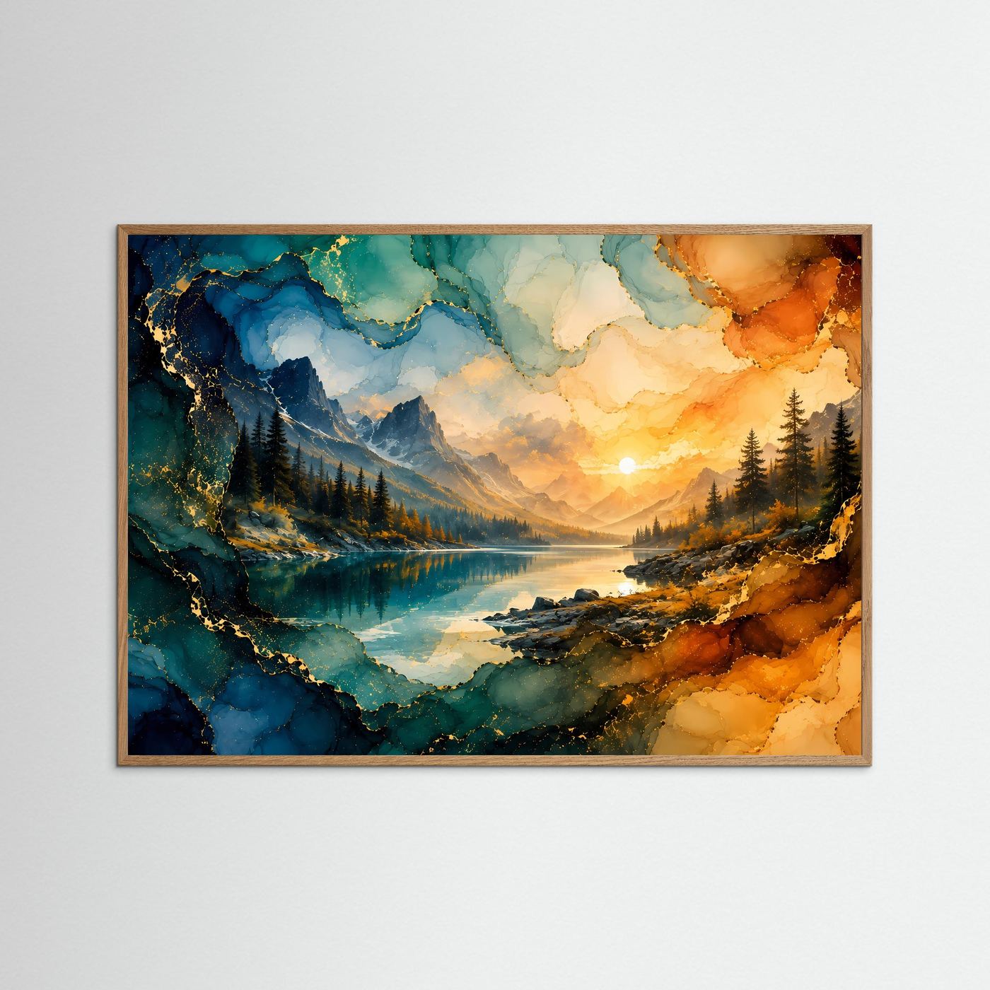 Abstrakte Berglandschaft Poster | Alkohol Ink Landschaft | Gold Blau Wandbild | Moderner Bergsee Sonnenuntergang | Luxuriöse Leinwandkunst