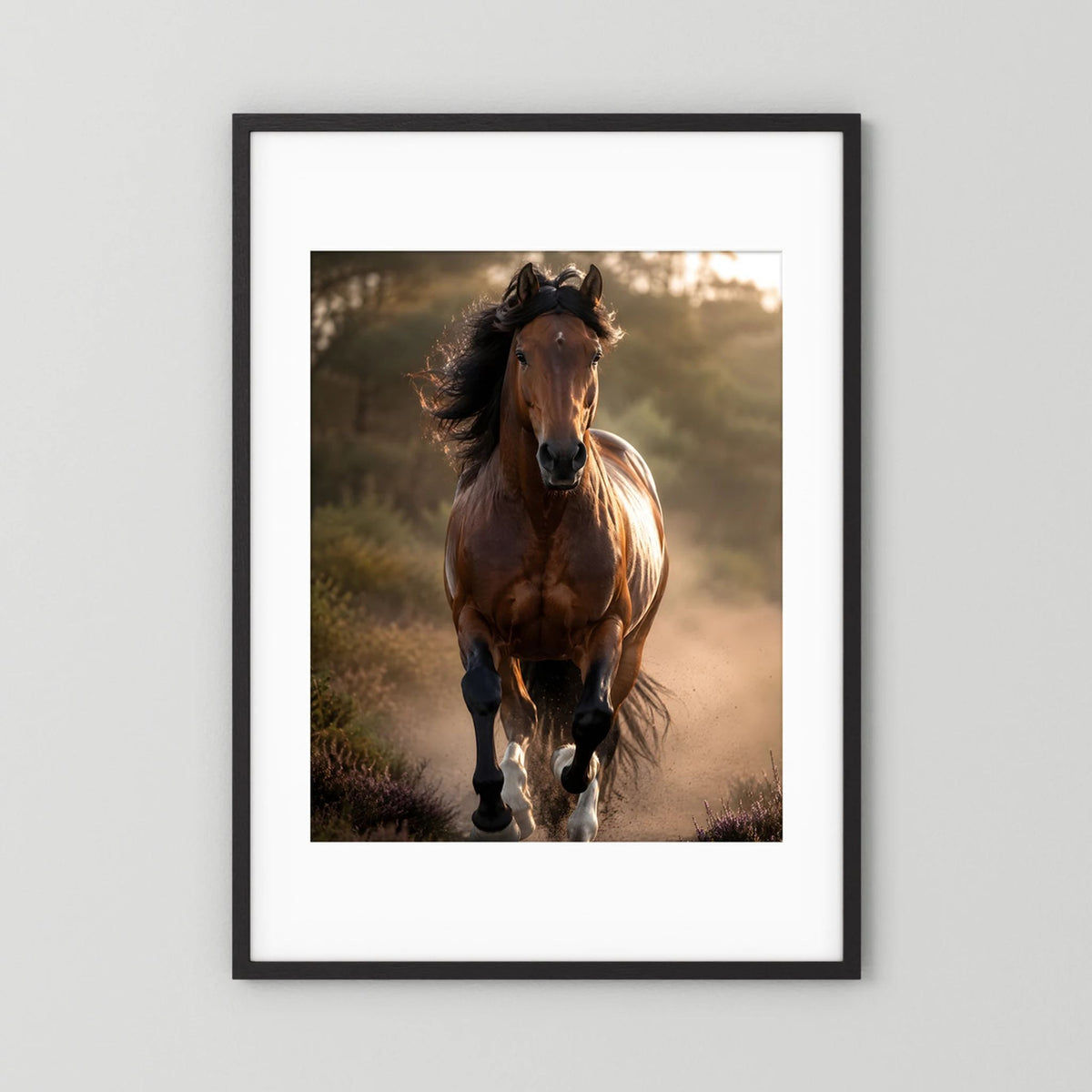 Hochformatiges Kunstposter: brauner Hengst im Galopp, schwarzer Holzrahmen