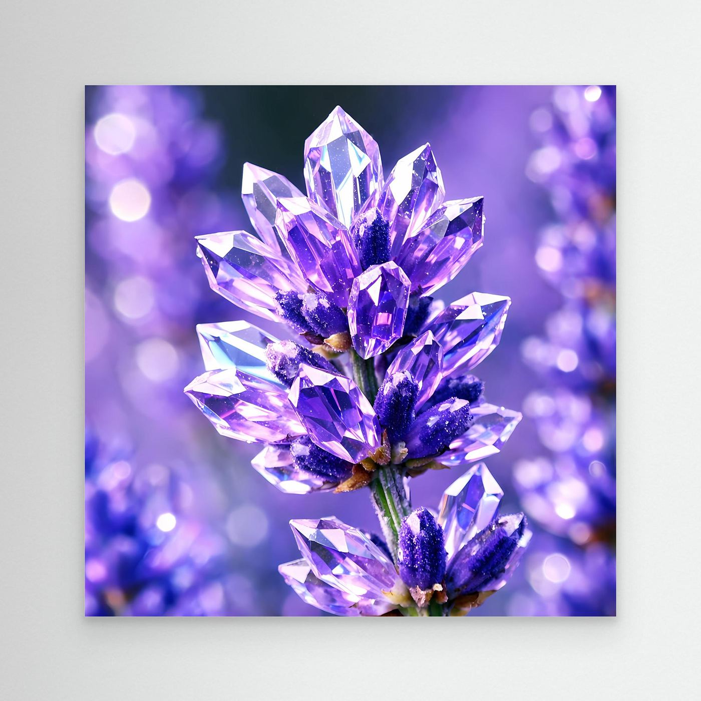 Leinwandbild mit abstraktem Kristallblumen-Motiv in Lavendel und Violett, ohne Rahmen