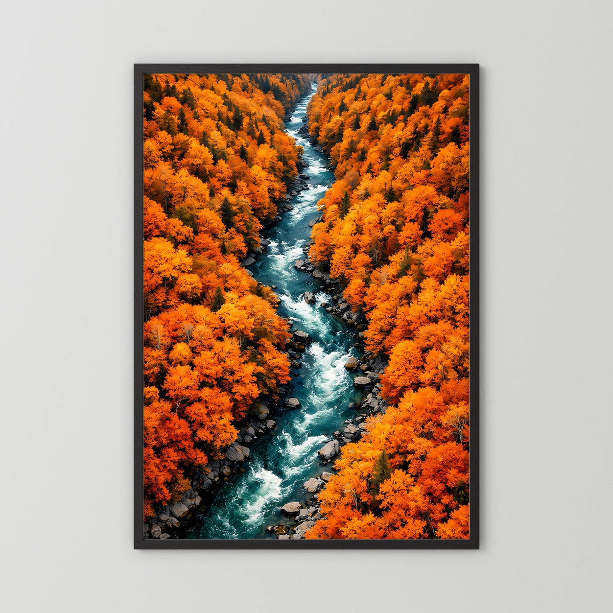 Hochformat-Wandposter im schwarzem Rahmen, Fluss im Herbstwald mit orangefarbenen Bäumen