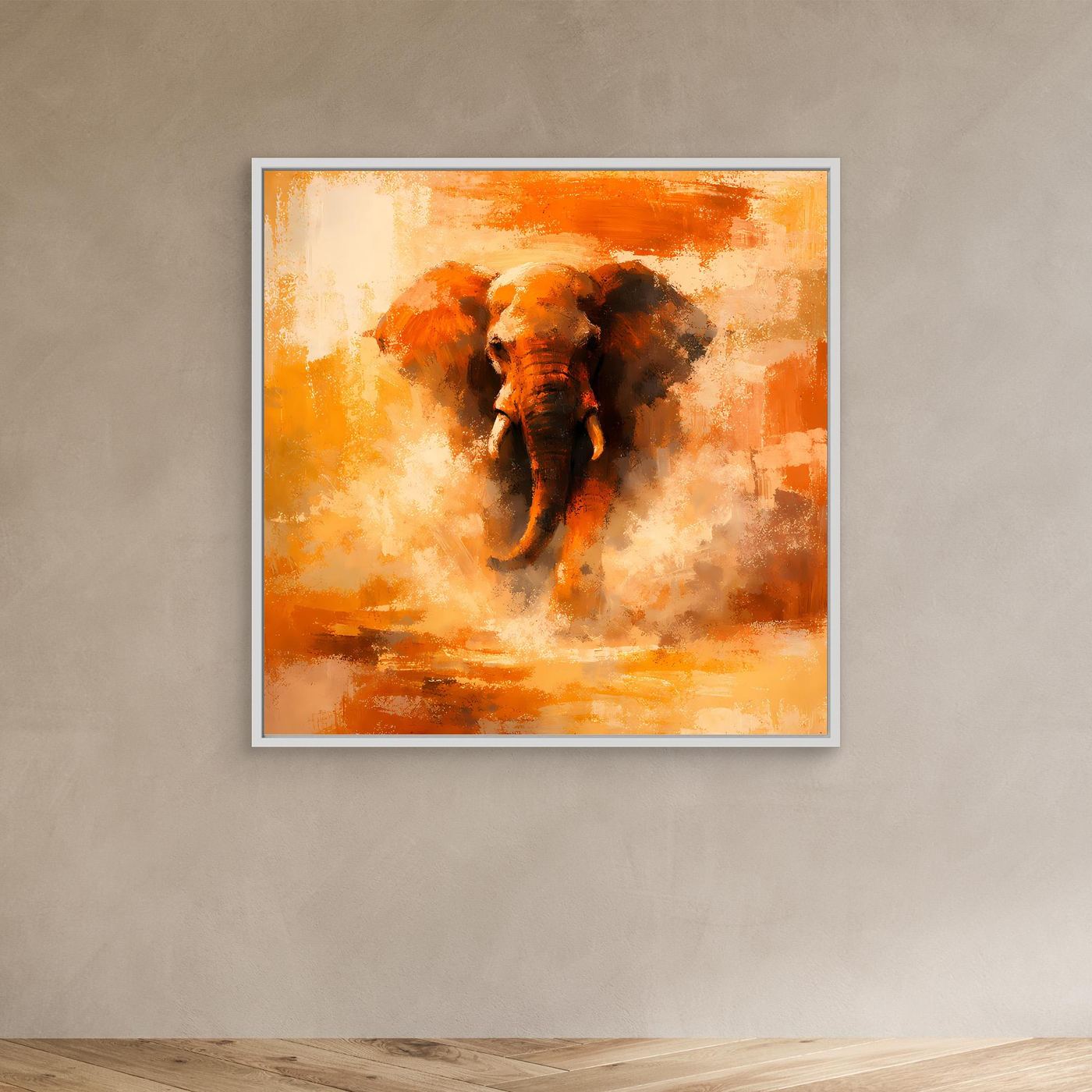 Leinwand Abstraktes Elefanten Gemälde | Modernes Kraftvolles Tier Wandbild Orange Ocker