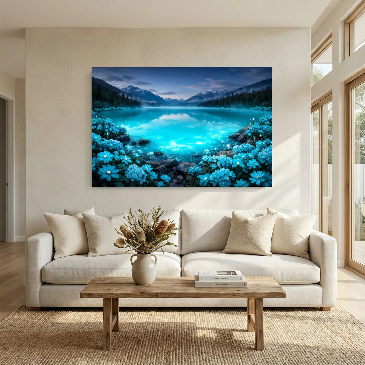 Querformatiges Wandbild: türkisblauer Bergsee mit Nebel, Bergen und blauen Blumen