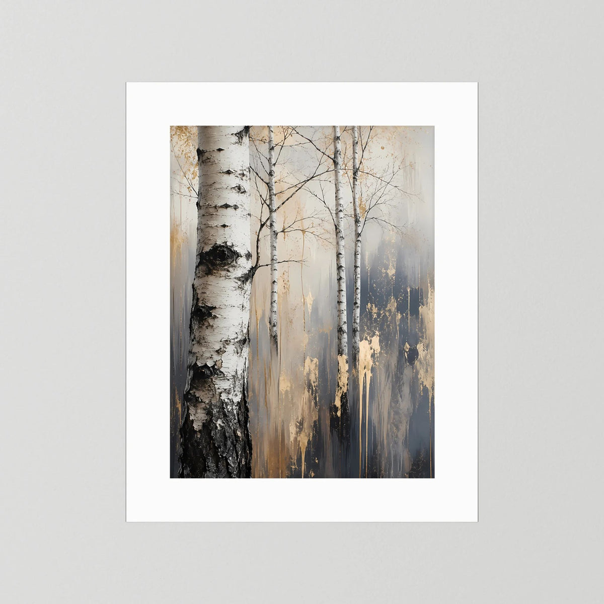 Poster mit Birkenwald-Motiv, weißer Rand, Birkenstämme in Weiß, Gold und Dunkelgrau.