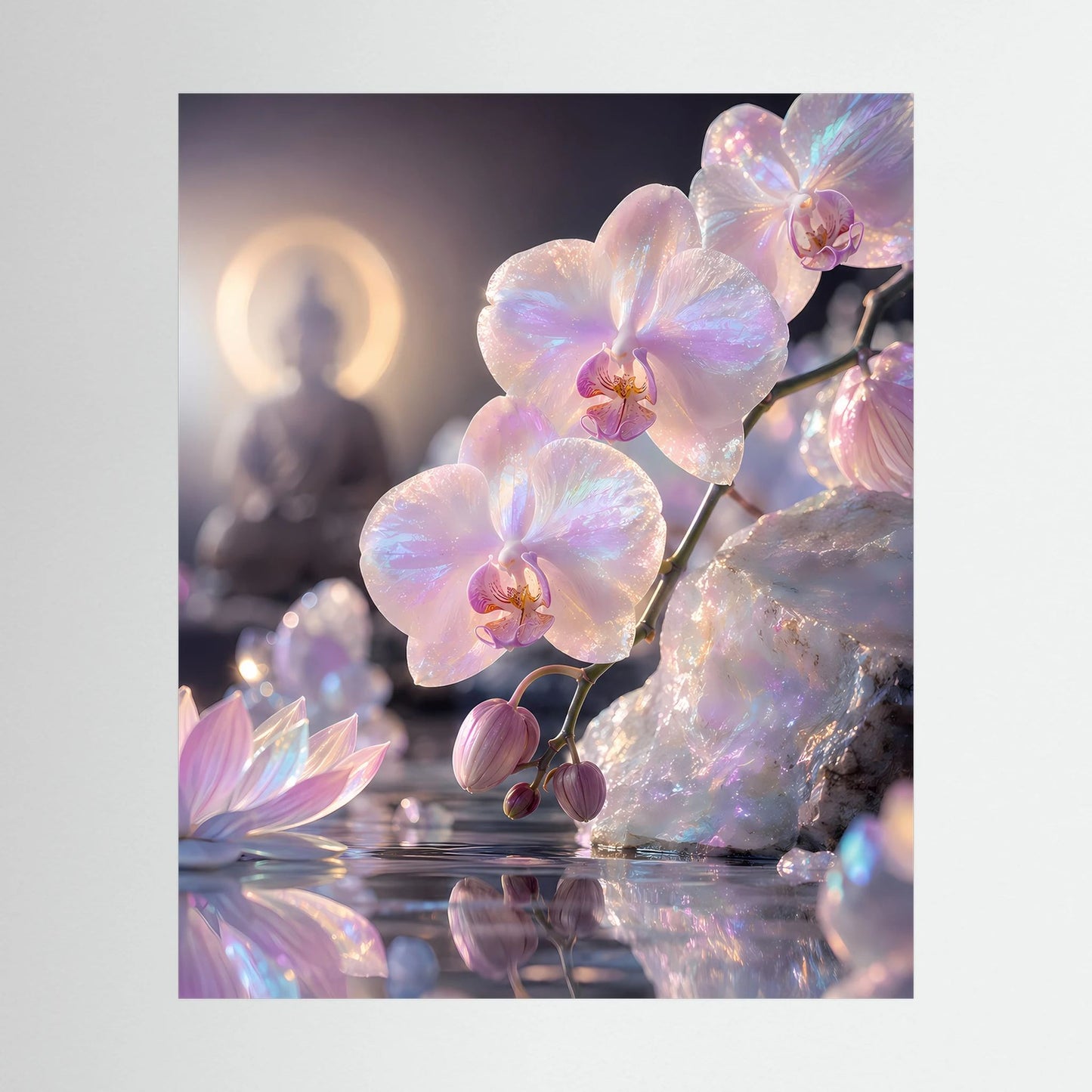Hochformatiges Poster mit perlmuttfarbenen Orchideen und blühenden Blütenzweigen, Spiegelung.