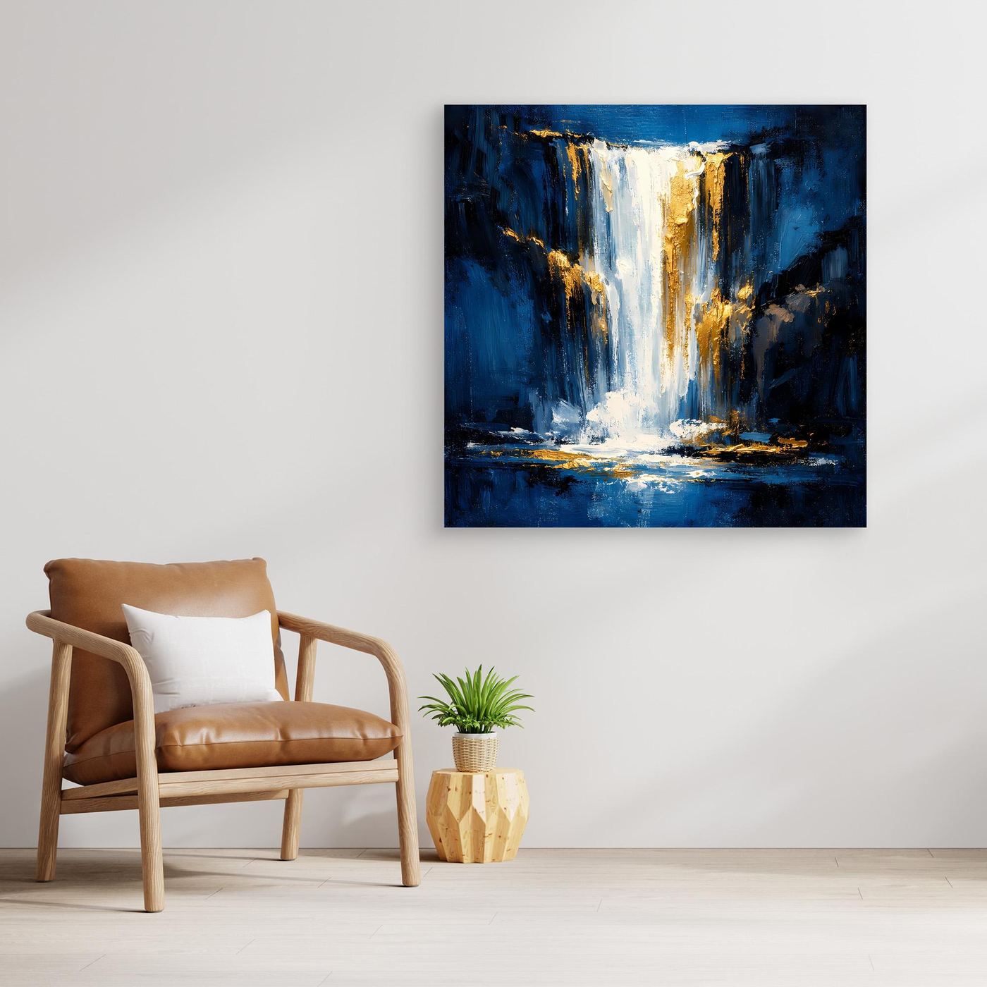Leinwand Abstraktes Wasserfall Gemälde in Dunkelblau und Gold | Modernes Natur Wandbild