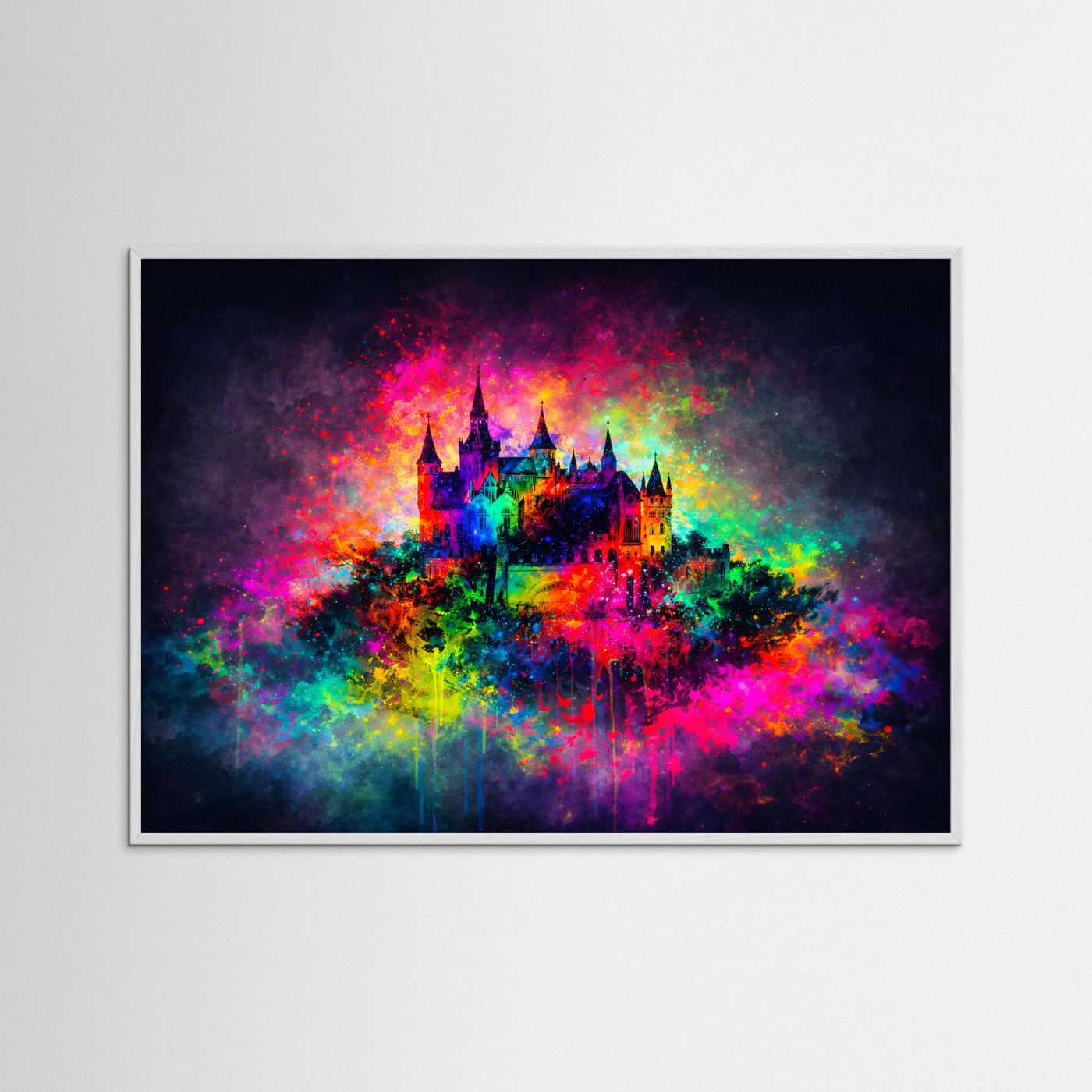 Buntes Märchenschloss im Farbexplosion-Stil | Abstrakte Kunst Poster Querformat