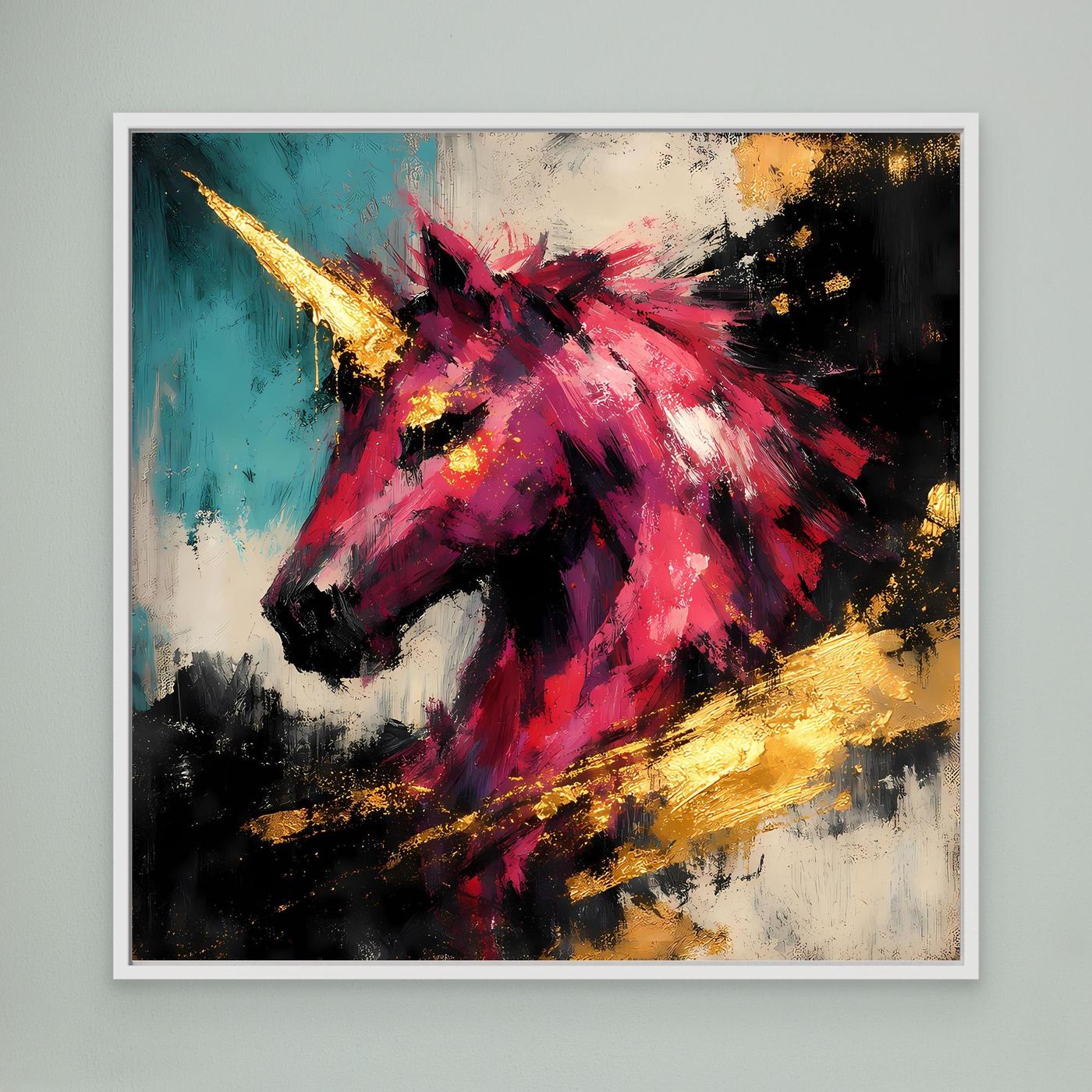 Leinwand-Einhornbild mit pinkem Einhorn und goldenen Akzenten, türkis-schwarz, weiß gerahmt