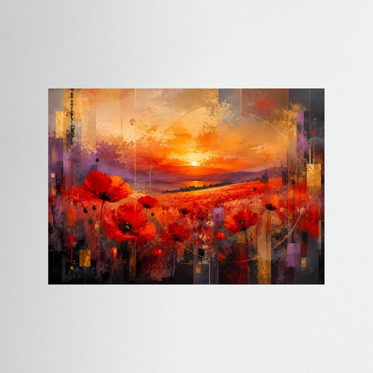 Querformatiges Poster mit abstrakter Landschaft und roten Mohnblumen, Abendsonne