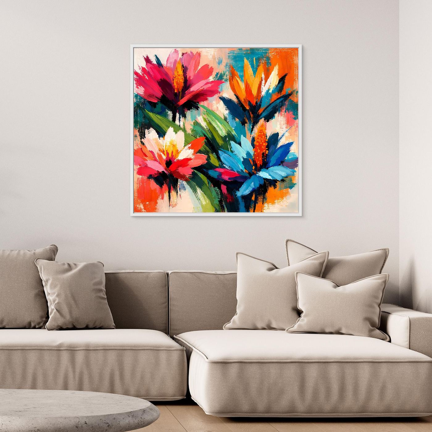 Abstract tropical floral wall art with white frame, vivid red, blue, and green blooms