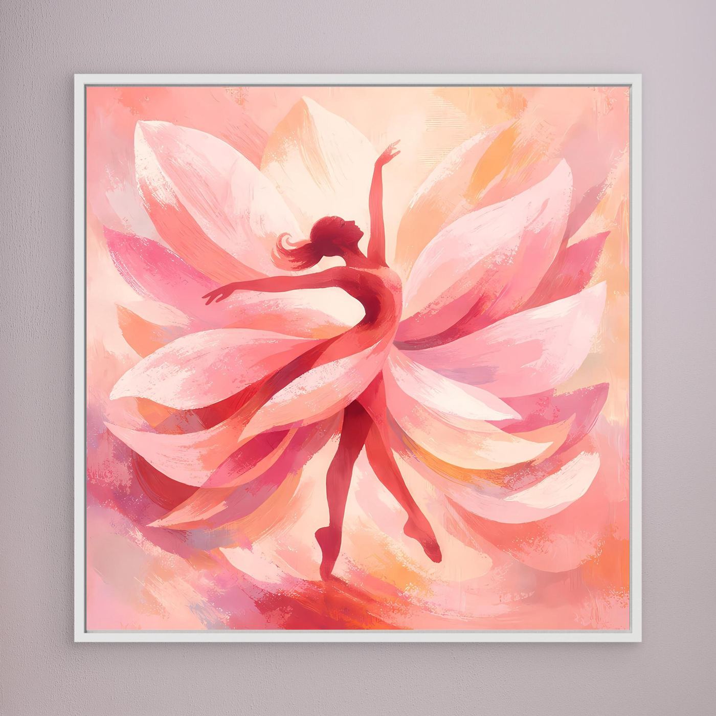 Leinwandbild mit rosa Blütenwirbel und Tänzerin, weißer Rahmen