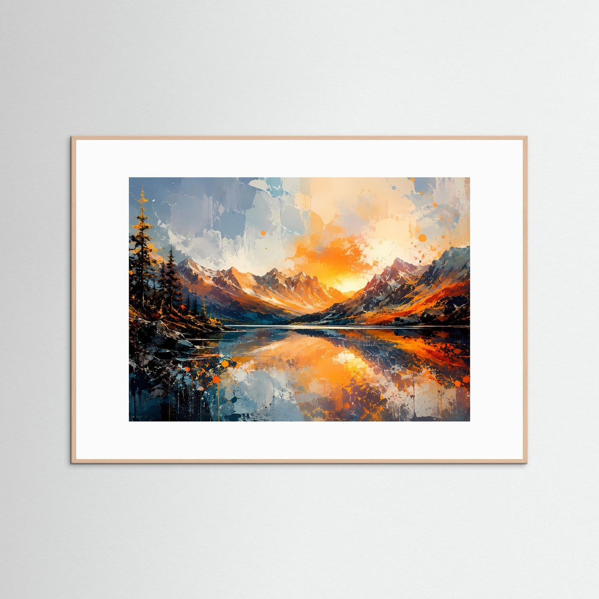Gerahmtes Kunstdruckbild im braunen Holzrahmen: Berglandschaft mit Bergsee, orange und blau