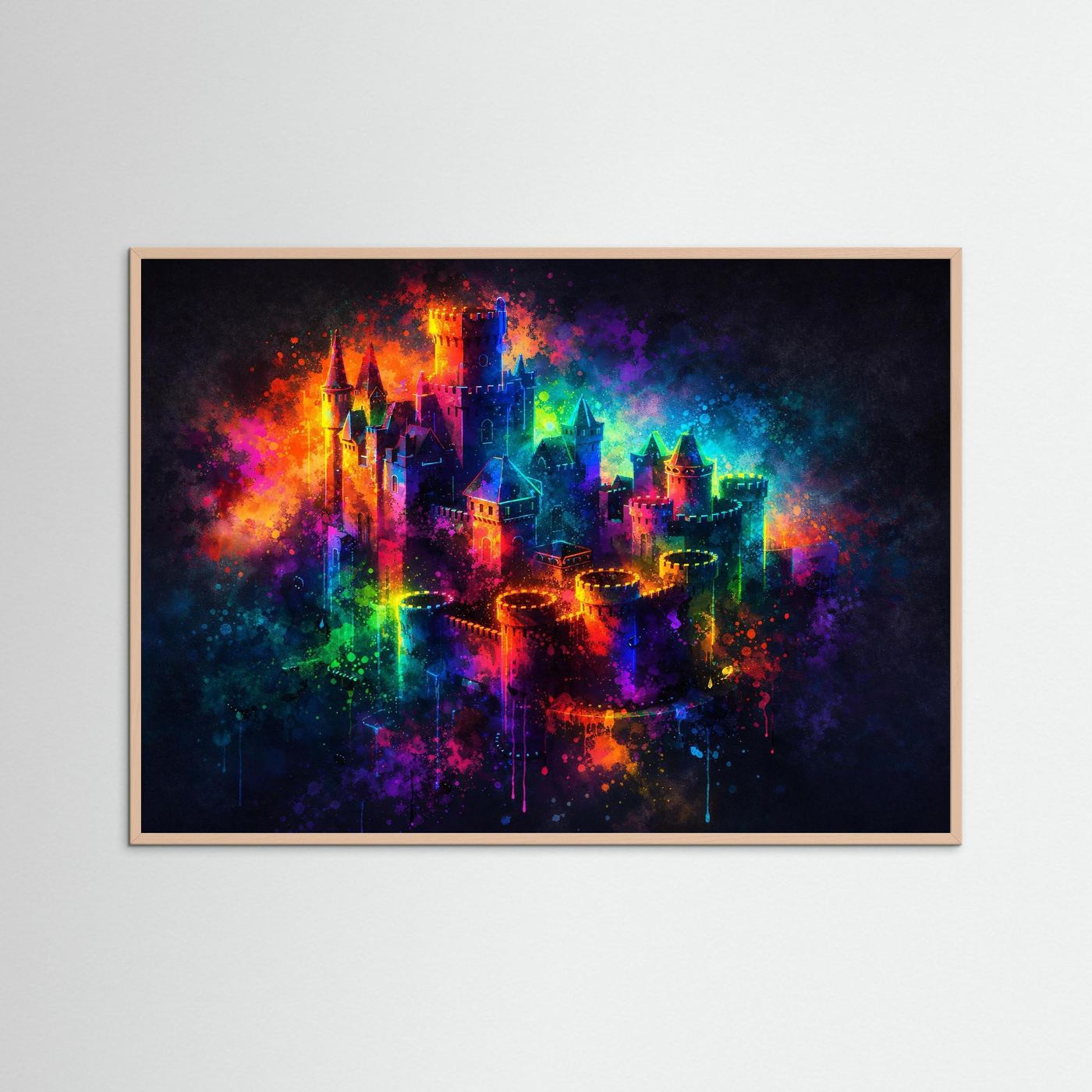 Neon-Graffiti-Wandbild: abstraktes Schloss mit Farbverlauf, heller Holzrahmen