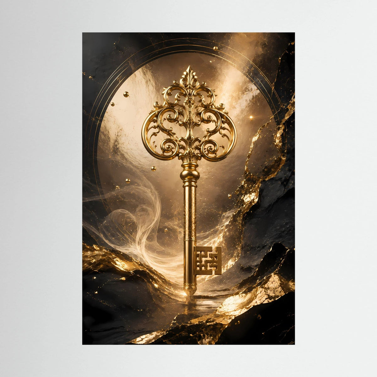 Hochformatiges Kunstposter mit goldenem, ornamentiertem Schlüssel vor dunklem Hintergrund