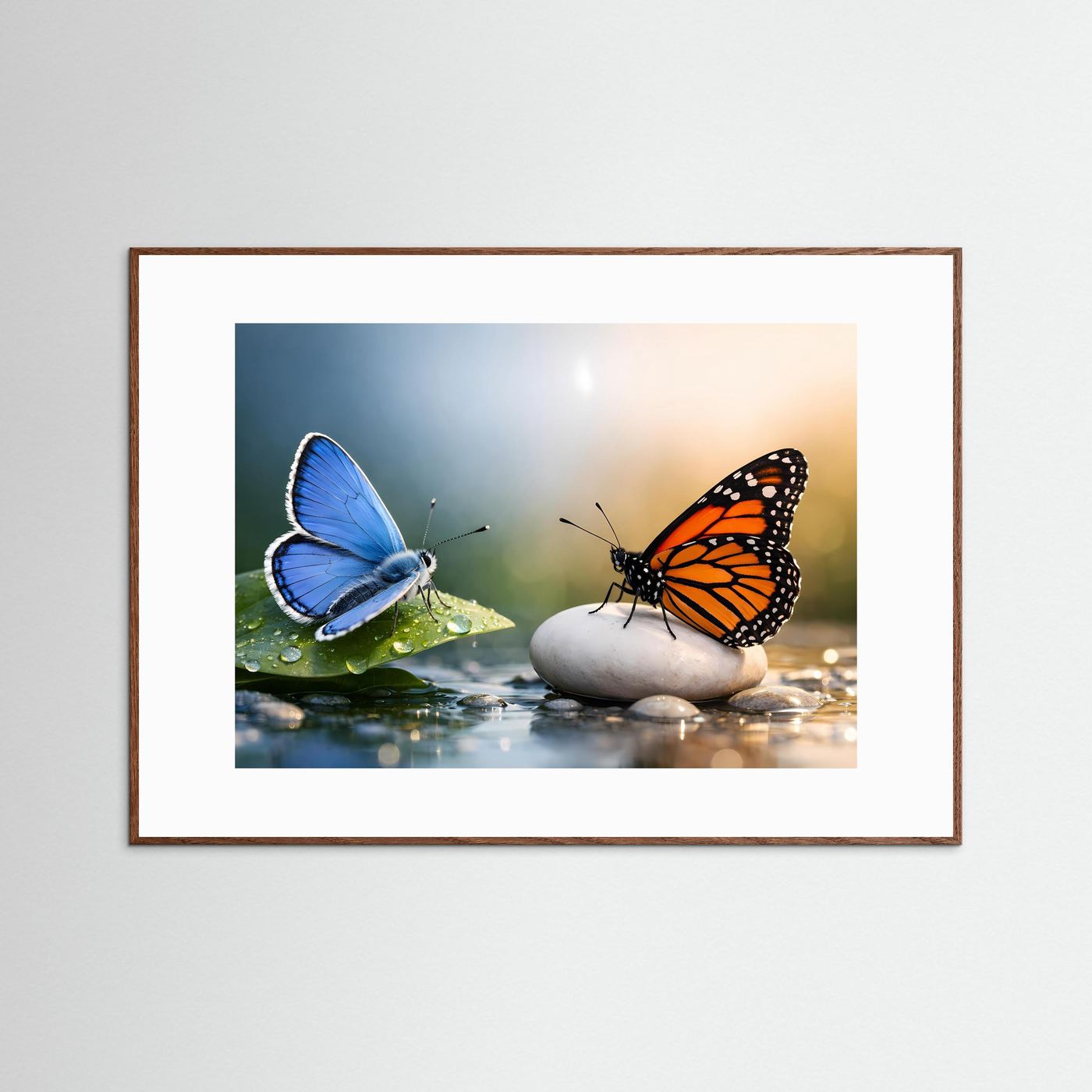 Naturposter mit blauem Schmetterling auf grünem Blatt und orangefarbenem Schmetterling auf Stein