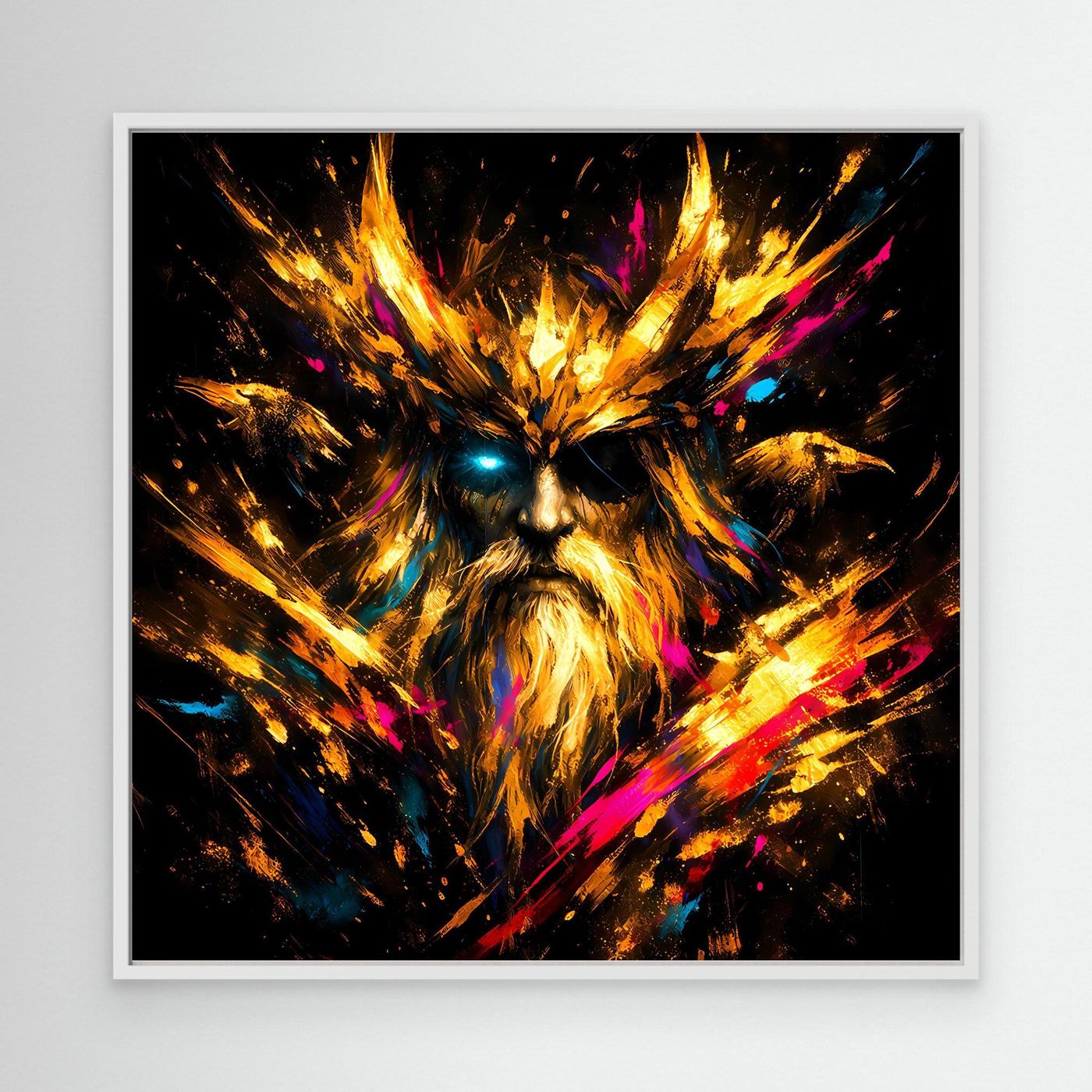 Leinwand Goldener Odin der Allvater mit Raben | Modernes Nordisches Mythologie Wandbild