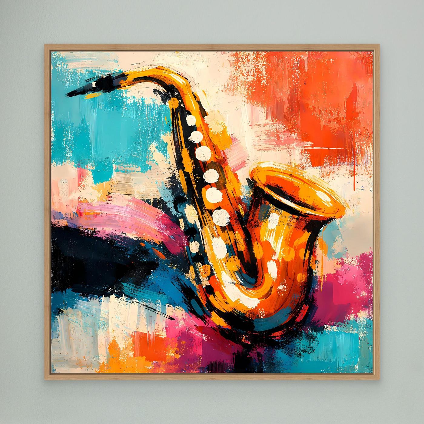 Abstract saxophone wall art in blue and orange with white keys, in wood frame