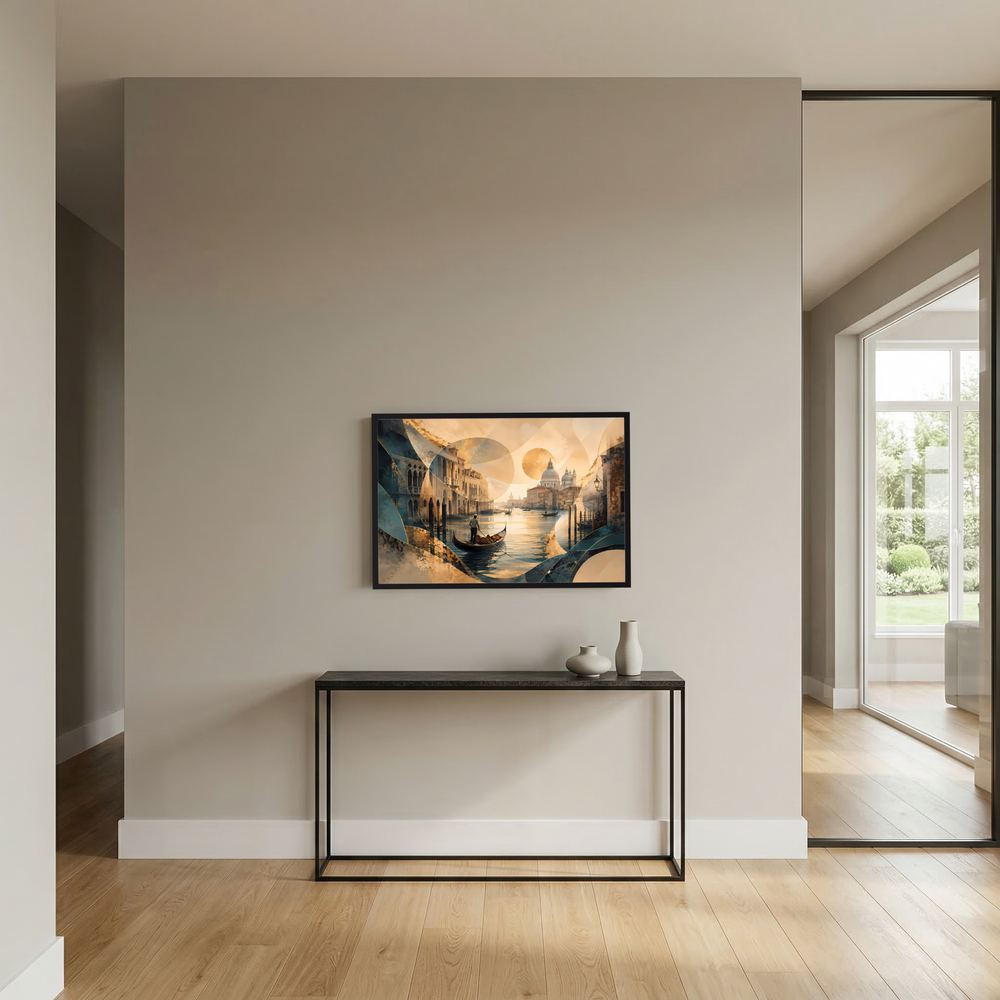 Wandbild im Querformat mit schwarzem Rahmen, Stadtansicht mit Gondel und goldenem Licht
