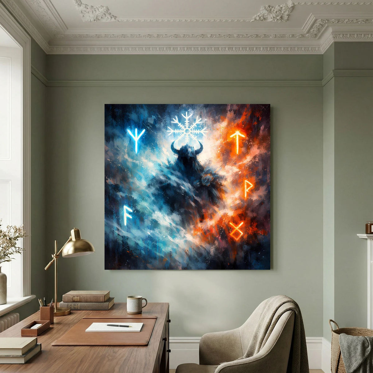 Leinwandbild mit Wikingerkrieger-Silhouette und leuchtenden Runen in Blau und Orange