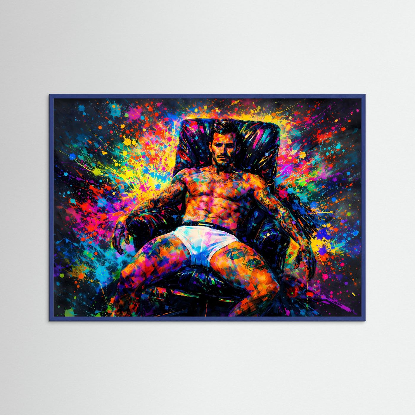 Kunstposter im blau eingefassten Rahmen mit Farbsplash-Motiv: tätowierter Mann