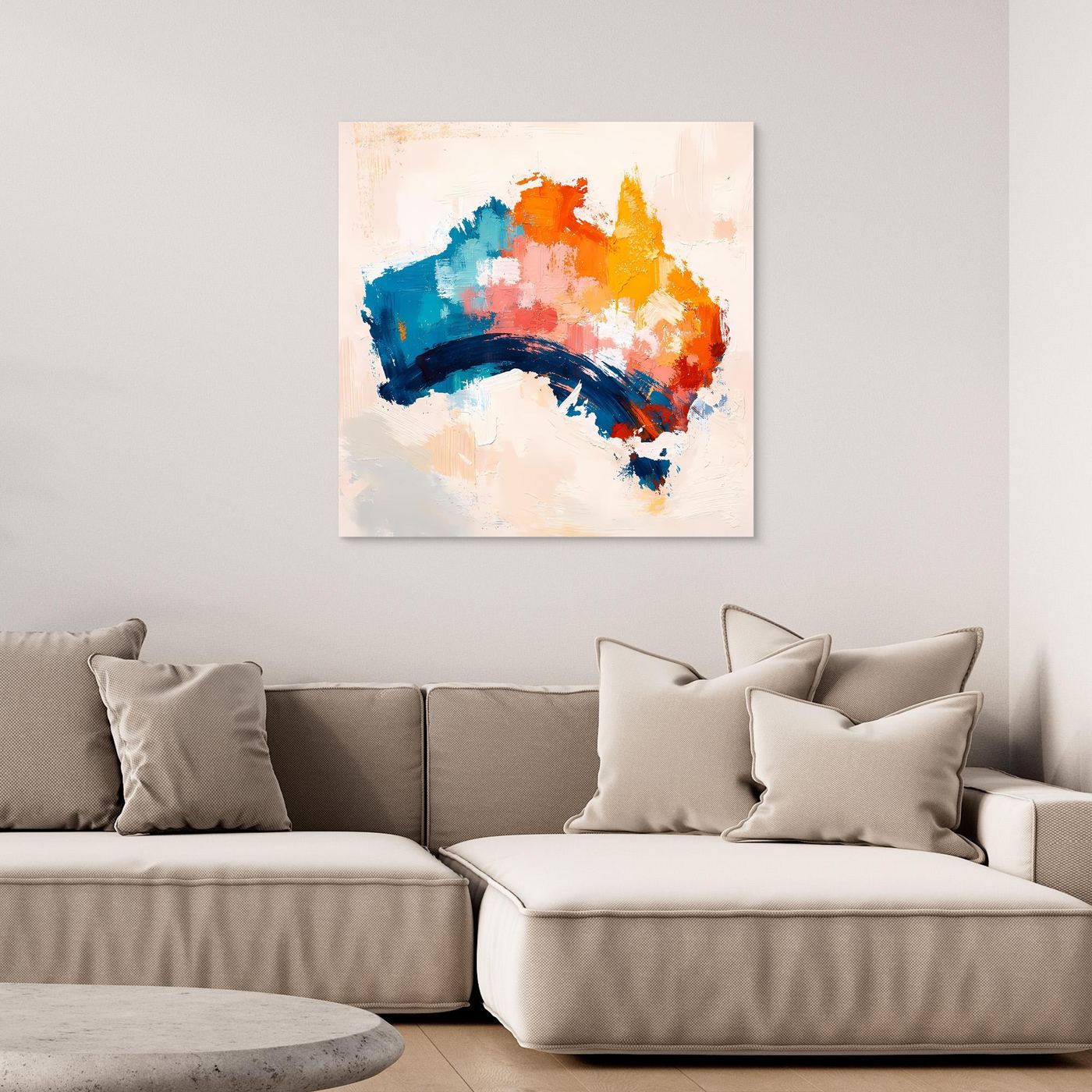 Abstract Australia wall canvas with colorful blue, orange, and yellow brushstrokes